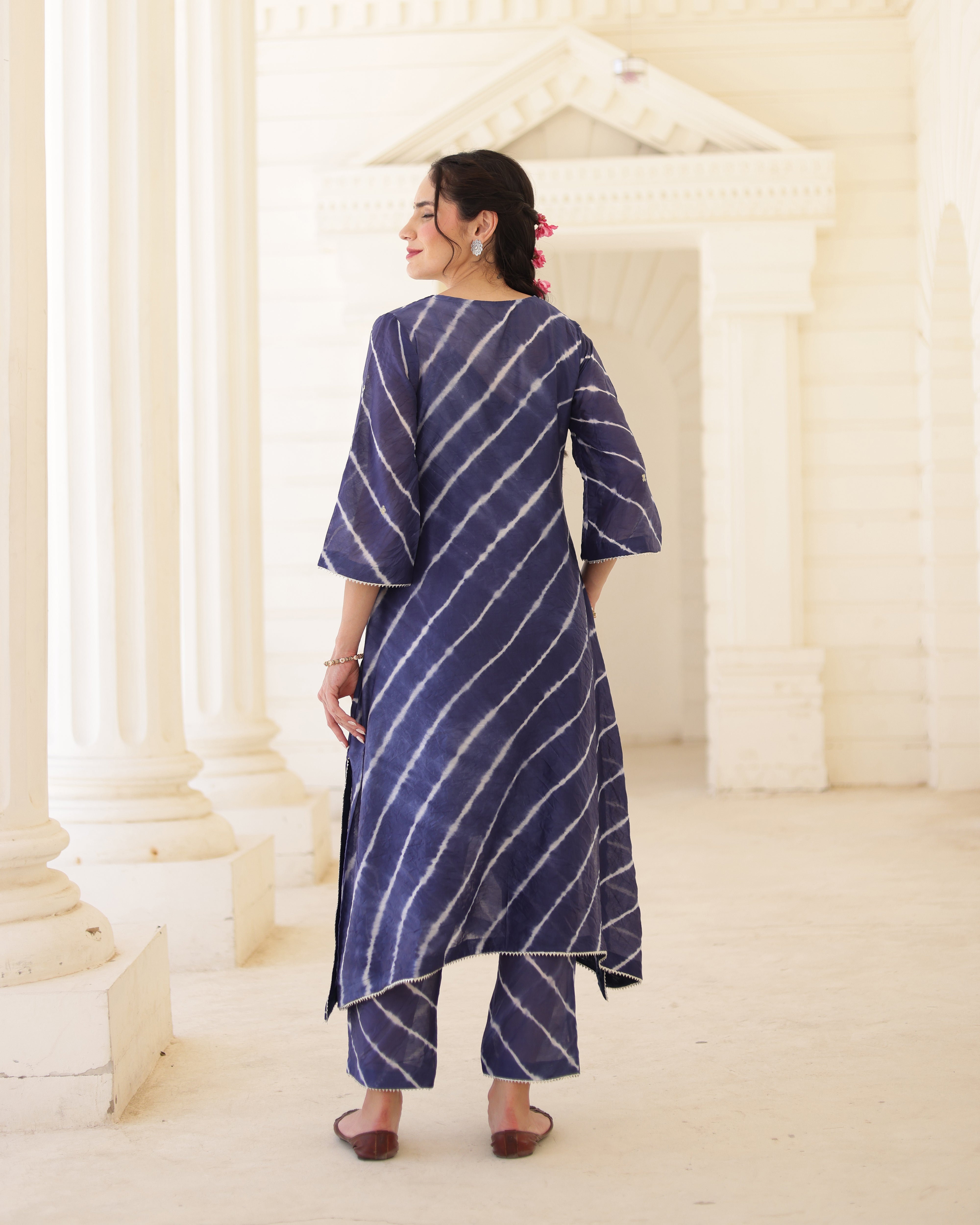 Indigoire Royal blue Chanderi Hand Dyed Leheriya Kurta Set with Zari Aari Embroidery