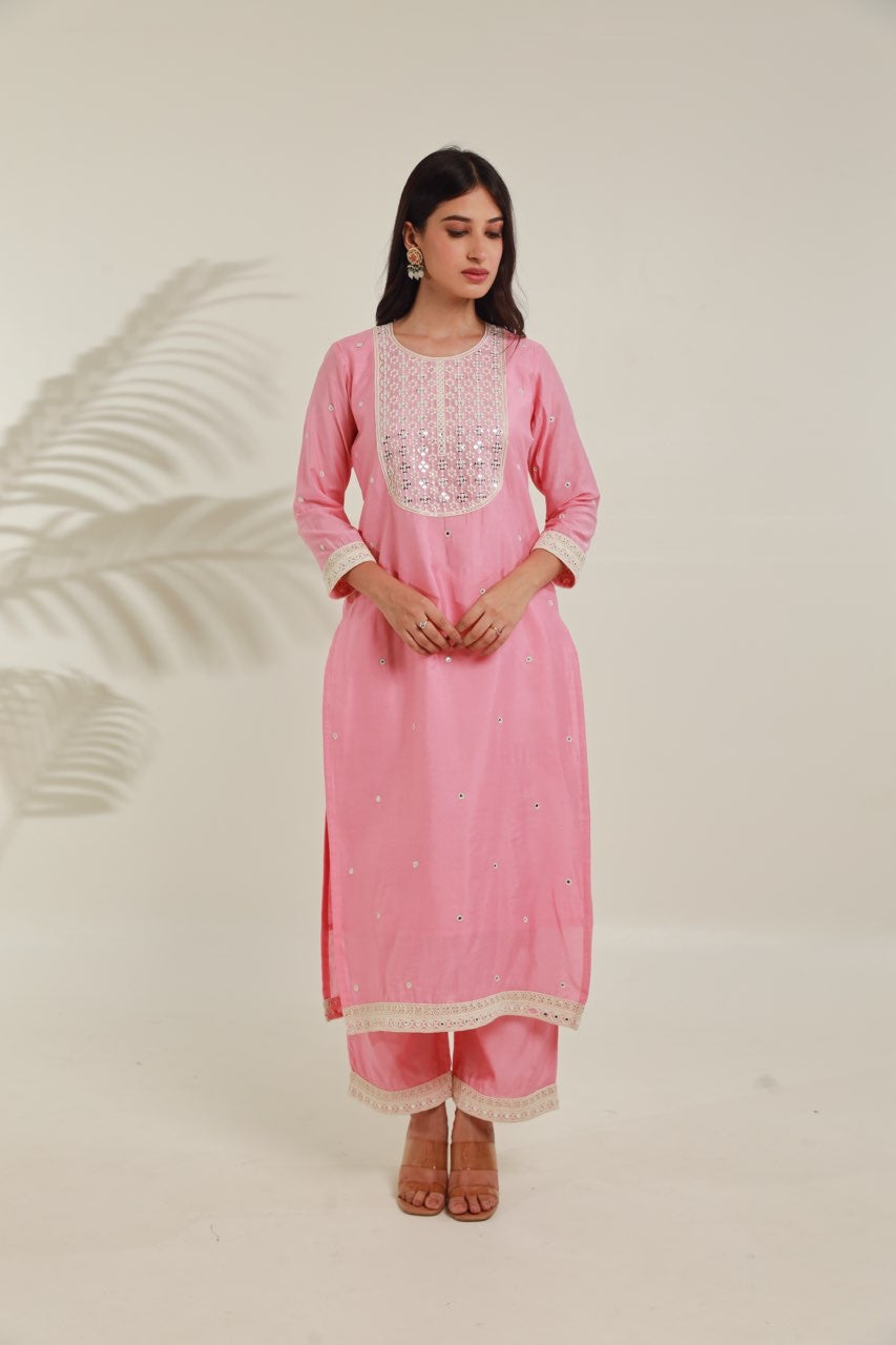 Pink MirrorWork  Chanderi Straight  Set Asrumo