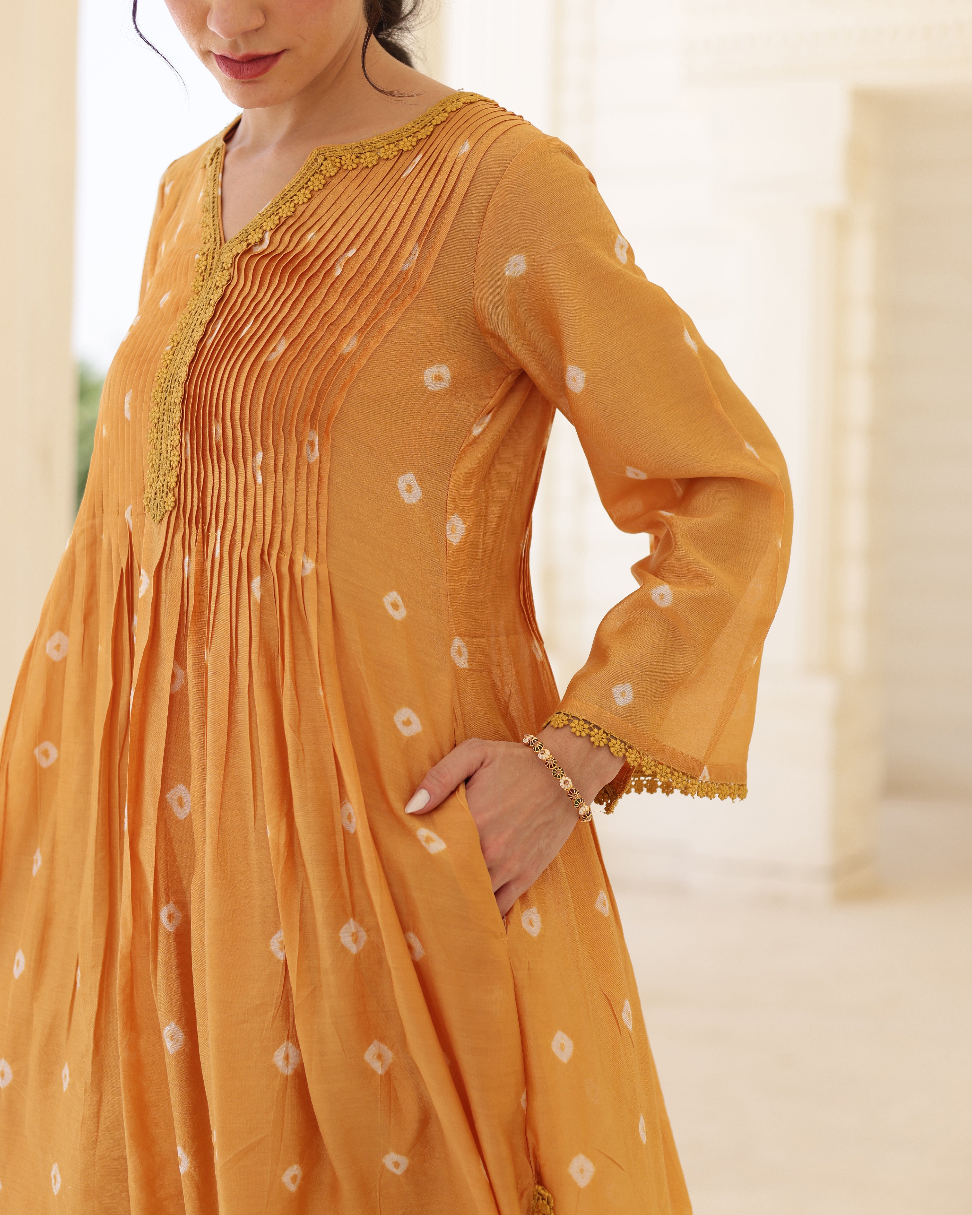 Solara Mustard Yellow Chanderi Hand Bandhej Suit Set with Dupatta