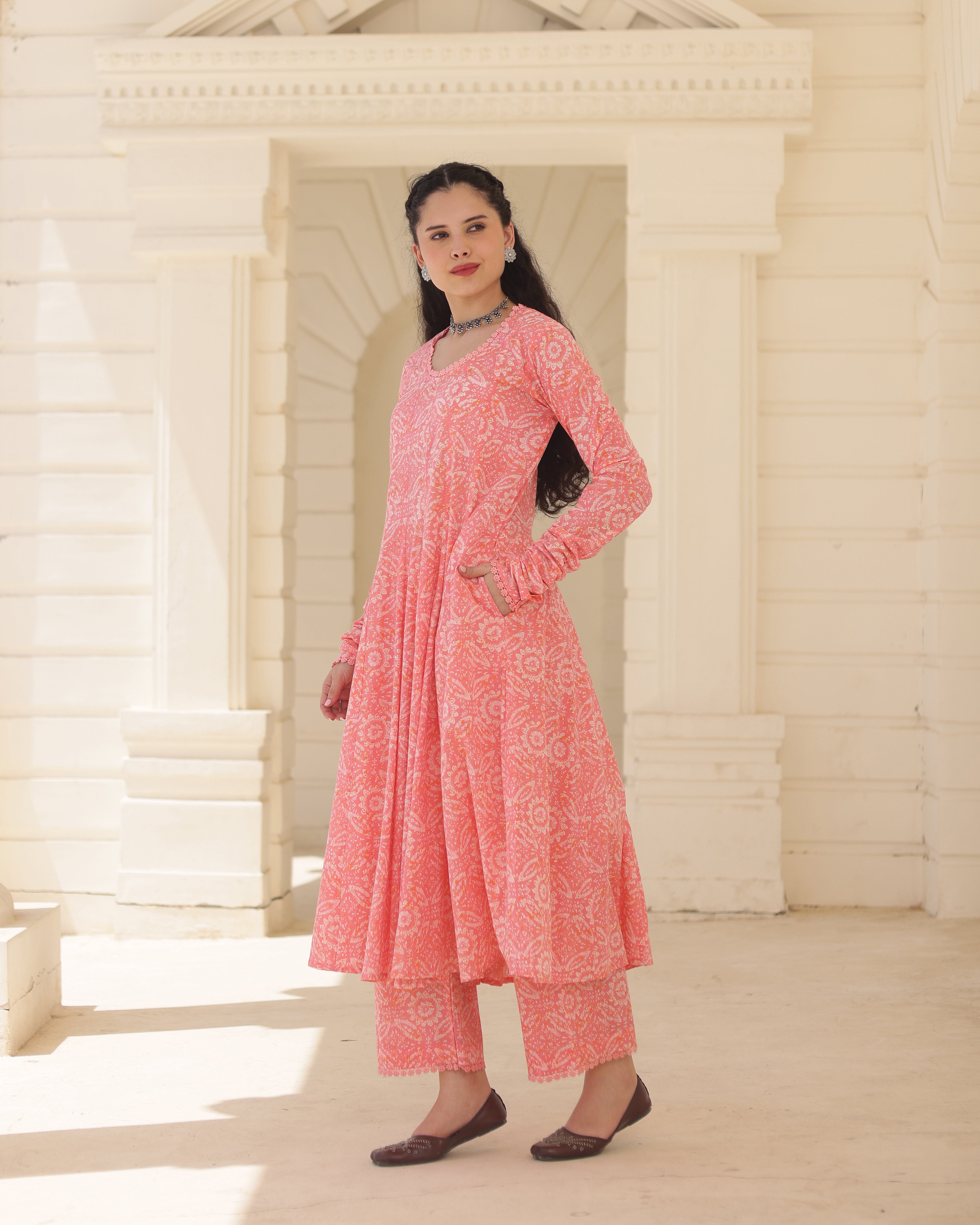 Blush Rose Pink Handblock Cotton Suit Set with Kota Doria Dupatta