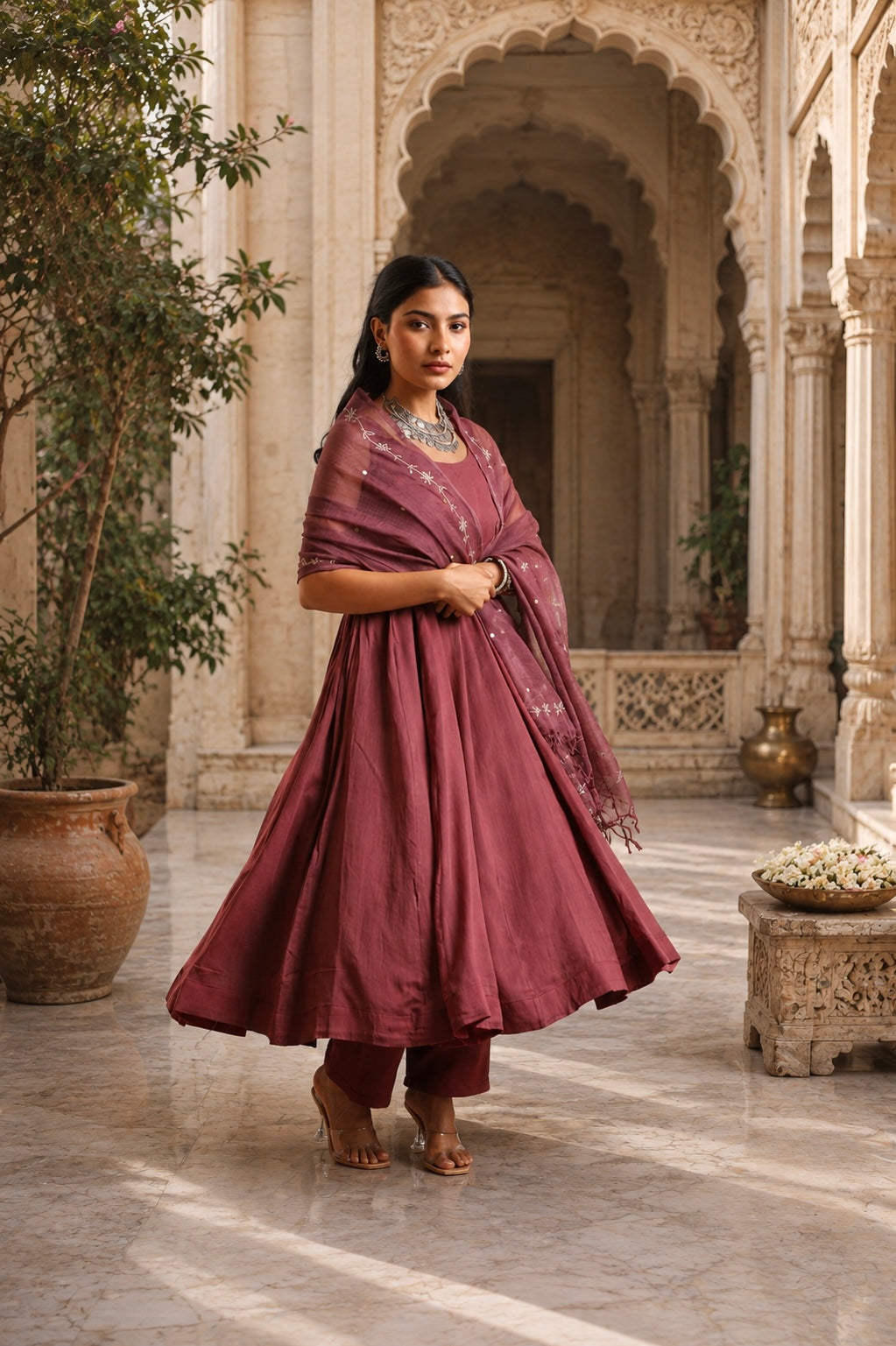 Mauve Mulmul Anarkali Set With Taari And Zari Embroidred Doriya Dupatta