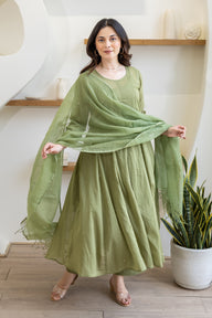 Olive Green Cotton Mulmul Anarkali Suit Set With Doriya Dupatta