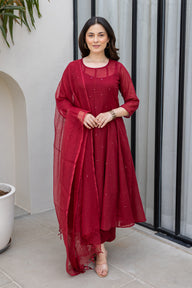 Mulberry Maroon Grace Cotton Mulmul Anarkali Set With Matching Doriya Dupatta