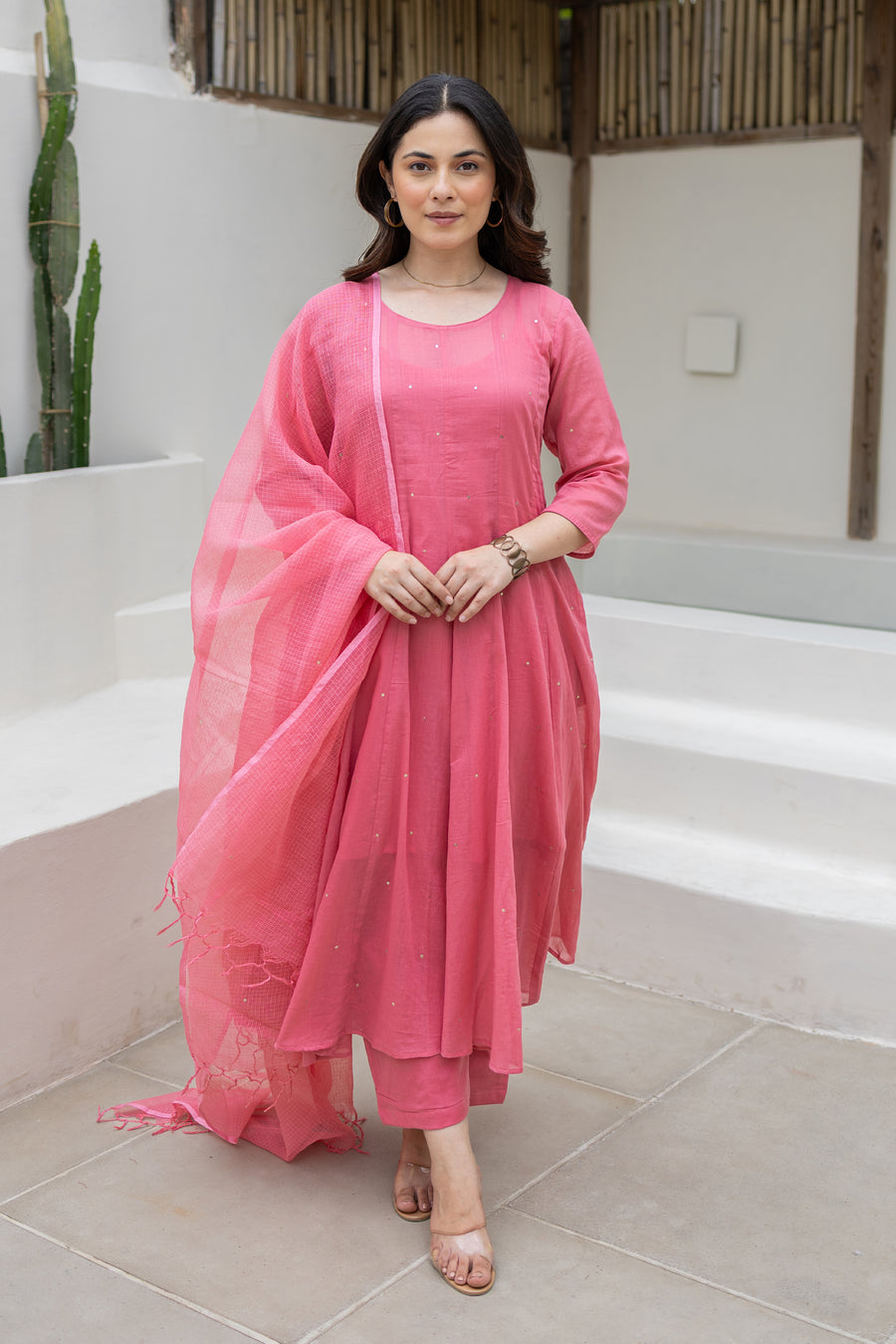 Rosewood Bloom Cotton Mulmul Anarkali Set With Matching Doriya Dupatta