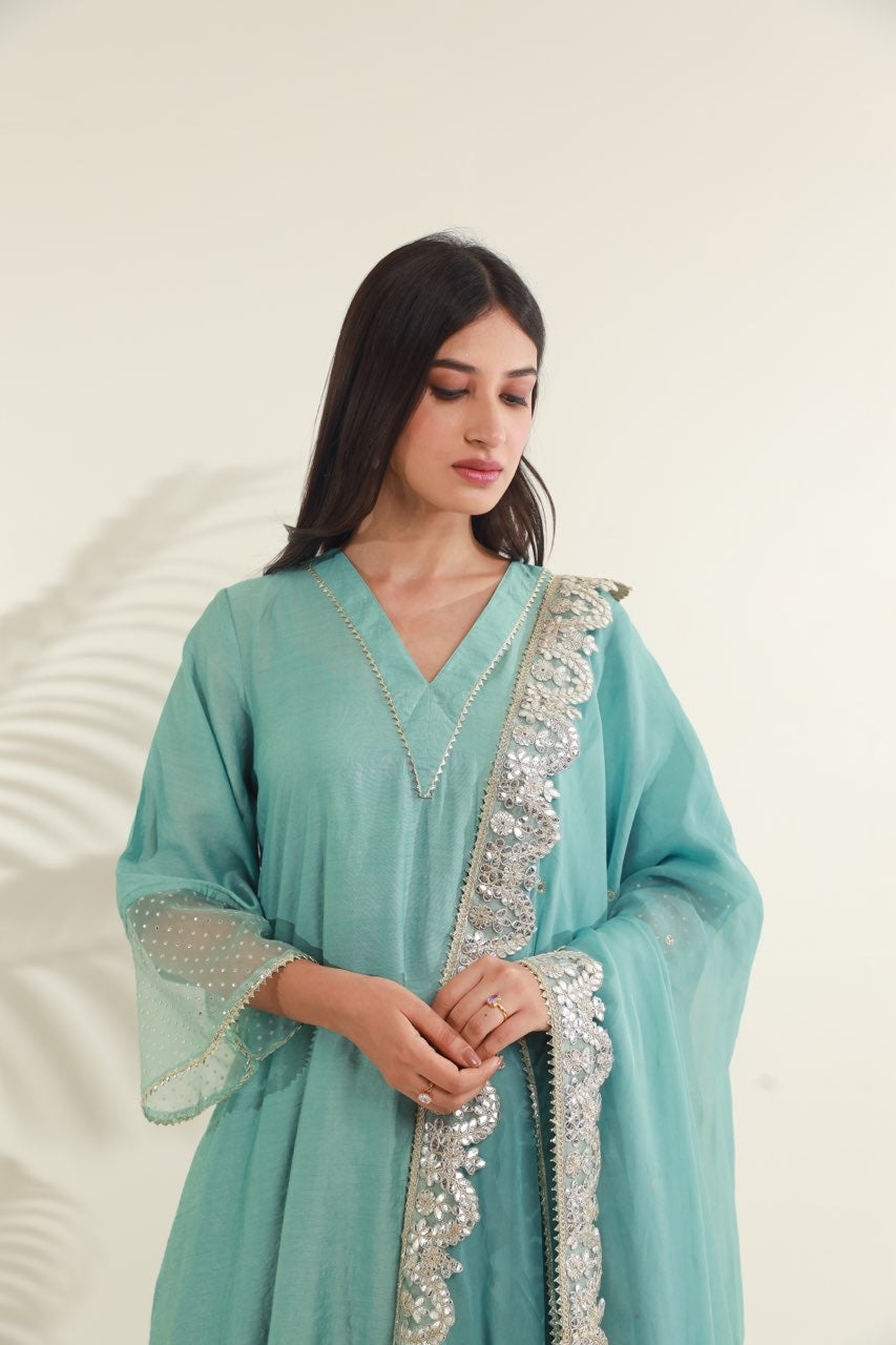 Mint Green Chanderi Straight  Set Asrumo