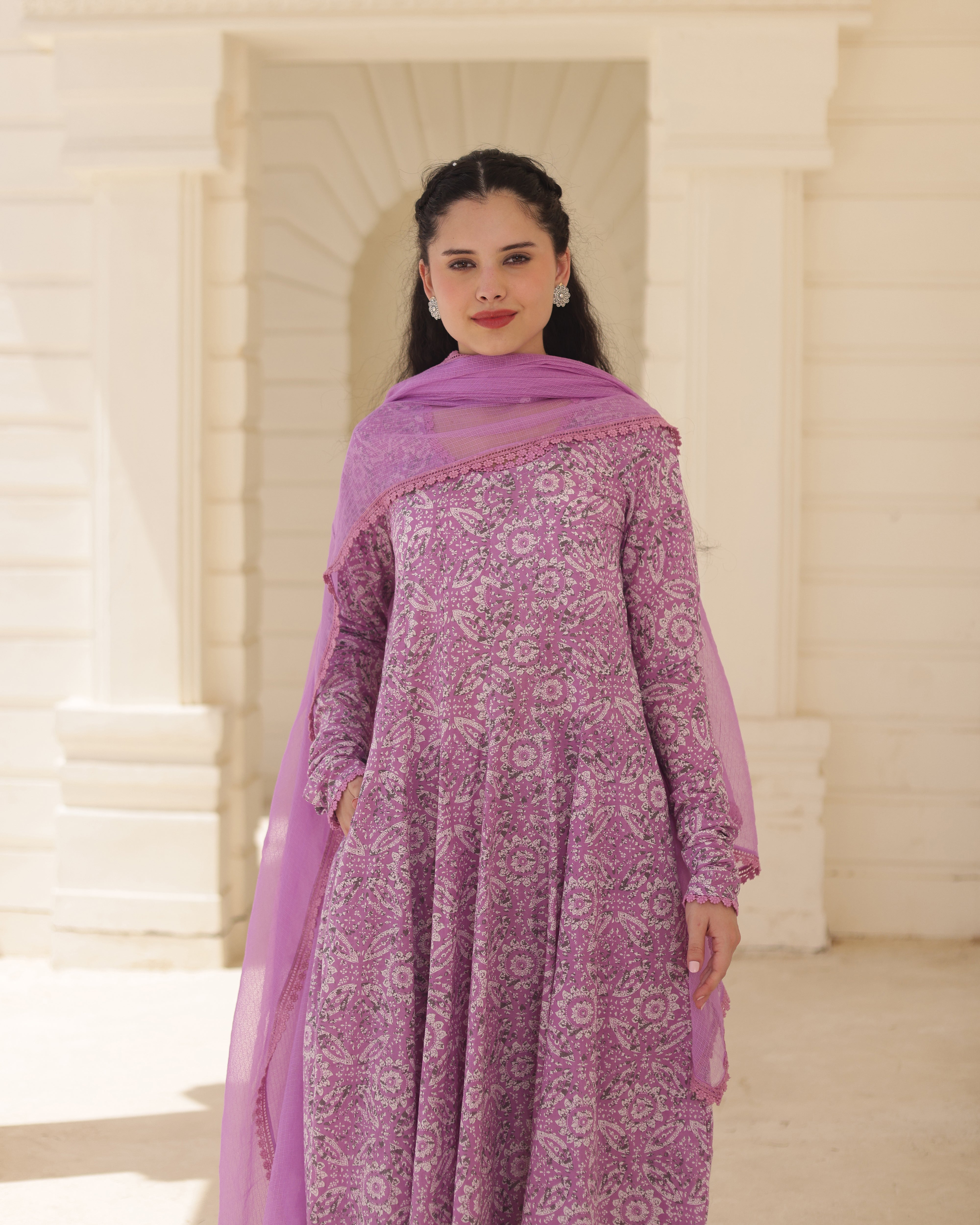 Handblock Lavender heritage Cotton Suit Set with Kota Doria Dupatta