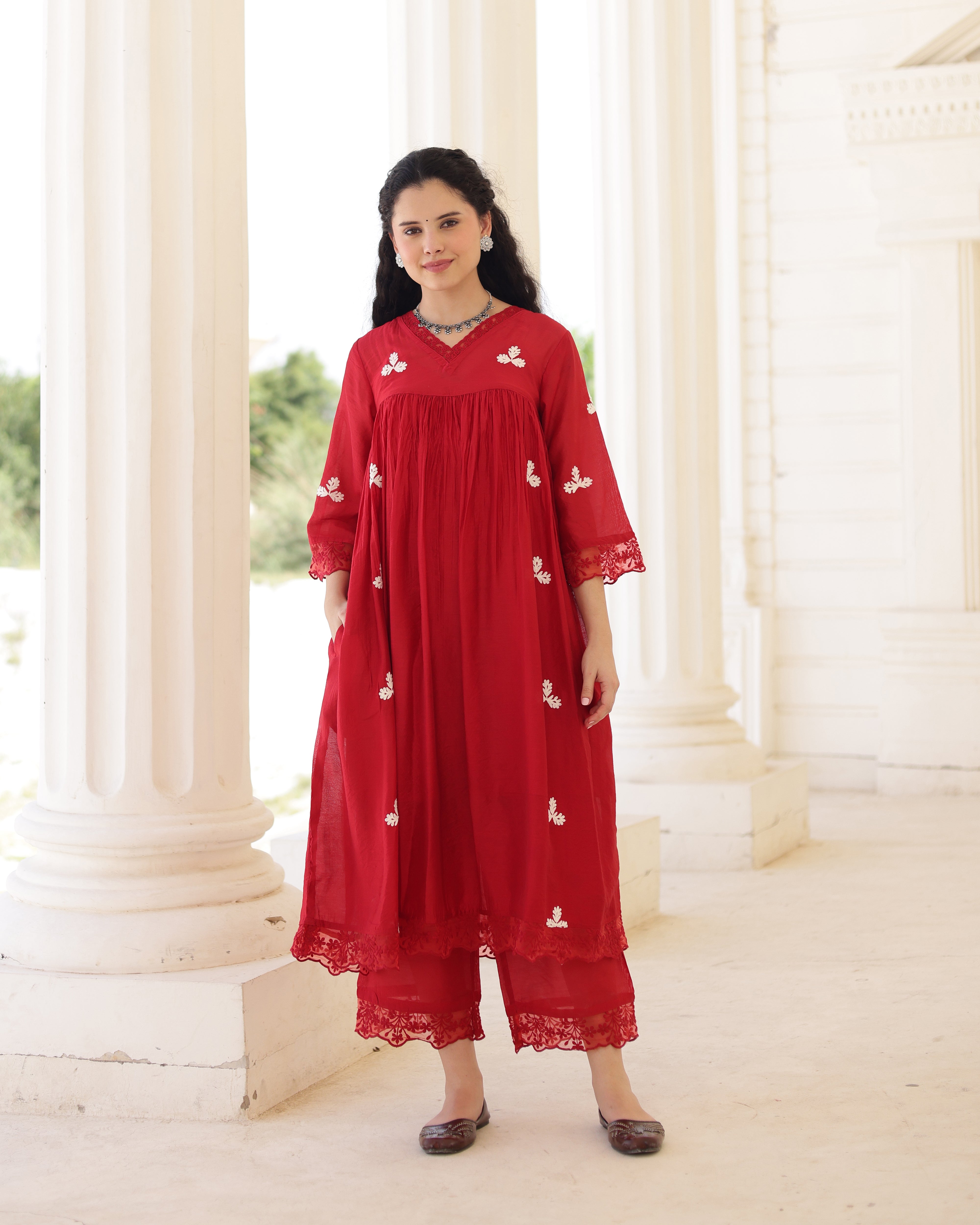Rouge Ruby Red Chanderi Aari Embroidered Kurta Palazzo Set with Dupatta