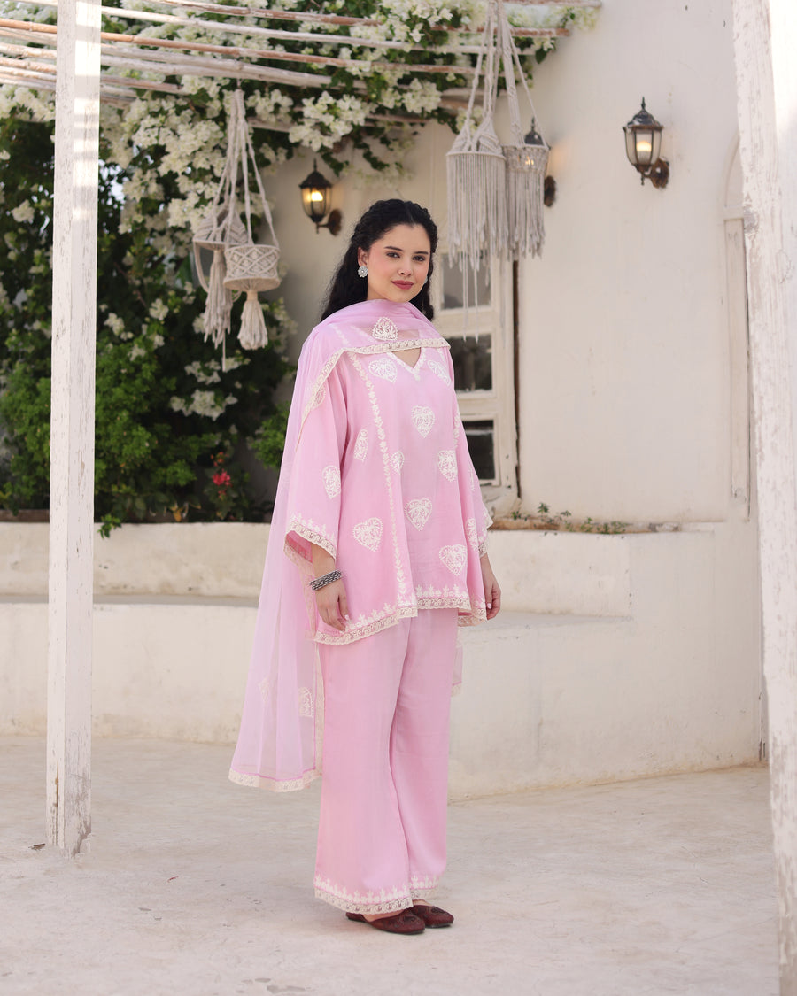 Gulzaar Blush Pink Cotton Satin Aari Embroidered Kurta Palazzo Set alternate view
