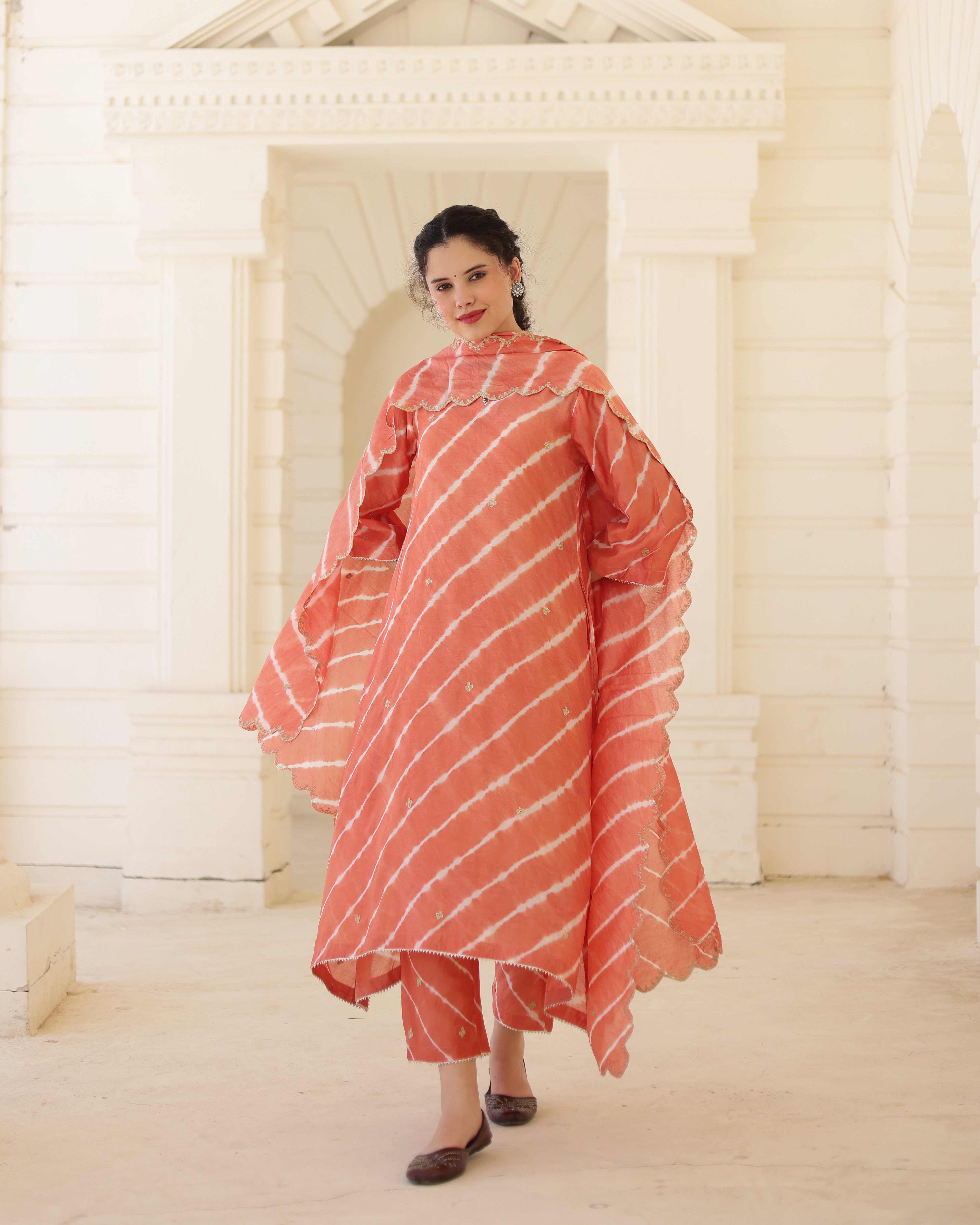Terracotta Chanderi Hand Dyed Leheriya Kurta Set with Zari Embroidery