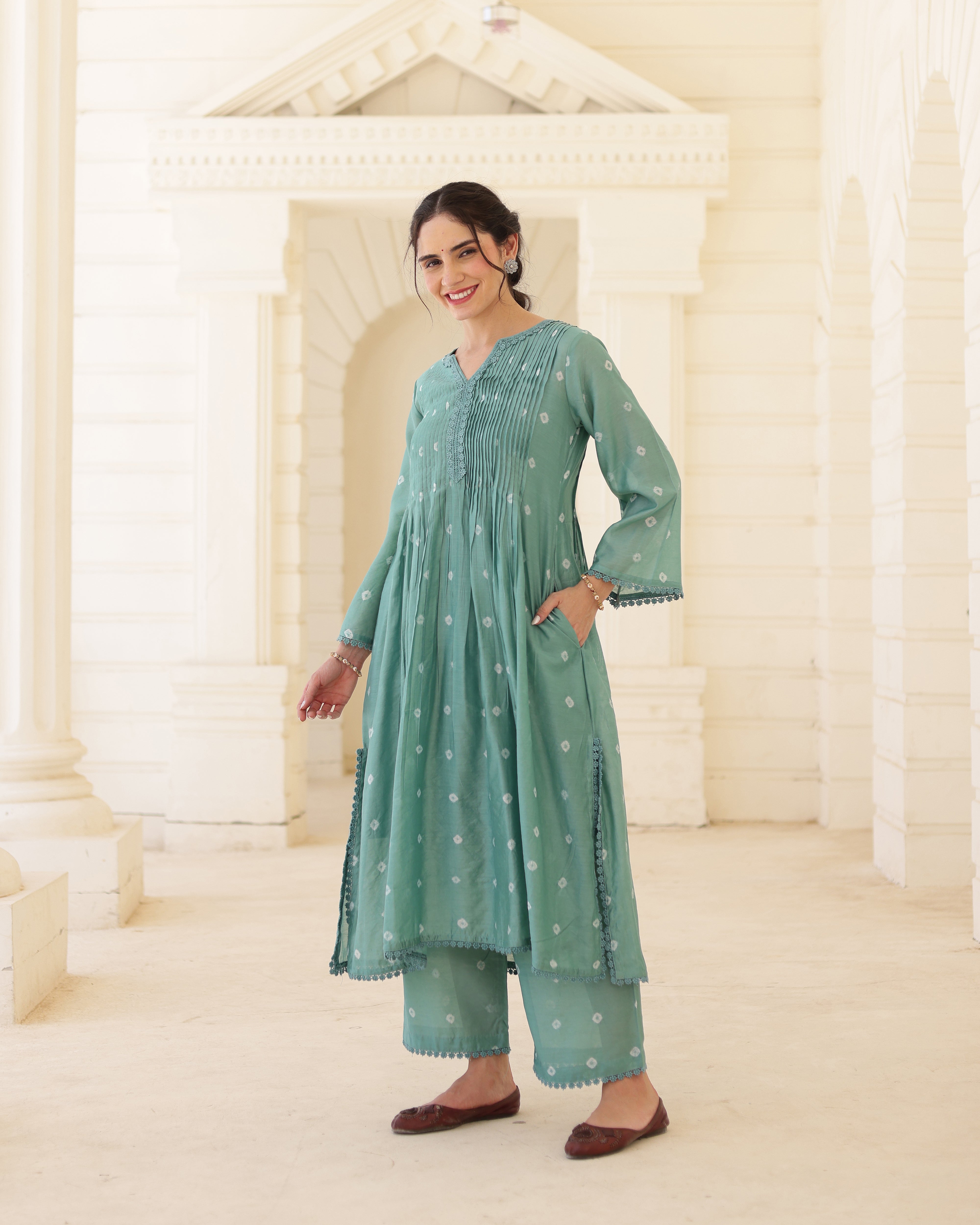 Sage Bloom Green Chanderi Hand Bandhej Suit Set with Dupatta