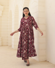 Burgundy Bloom Handblock Cotton Floral Anarkali Suit Set with Doriya Dupatta