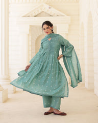 Sage Bloom Green Chanderi Hand Bandhej Suit Set with Dupatta