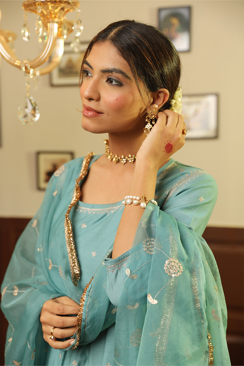 Green Chanderi Gota Jaal Dupatta Anarkai Set