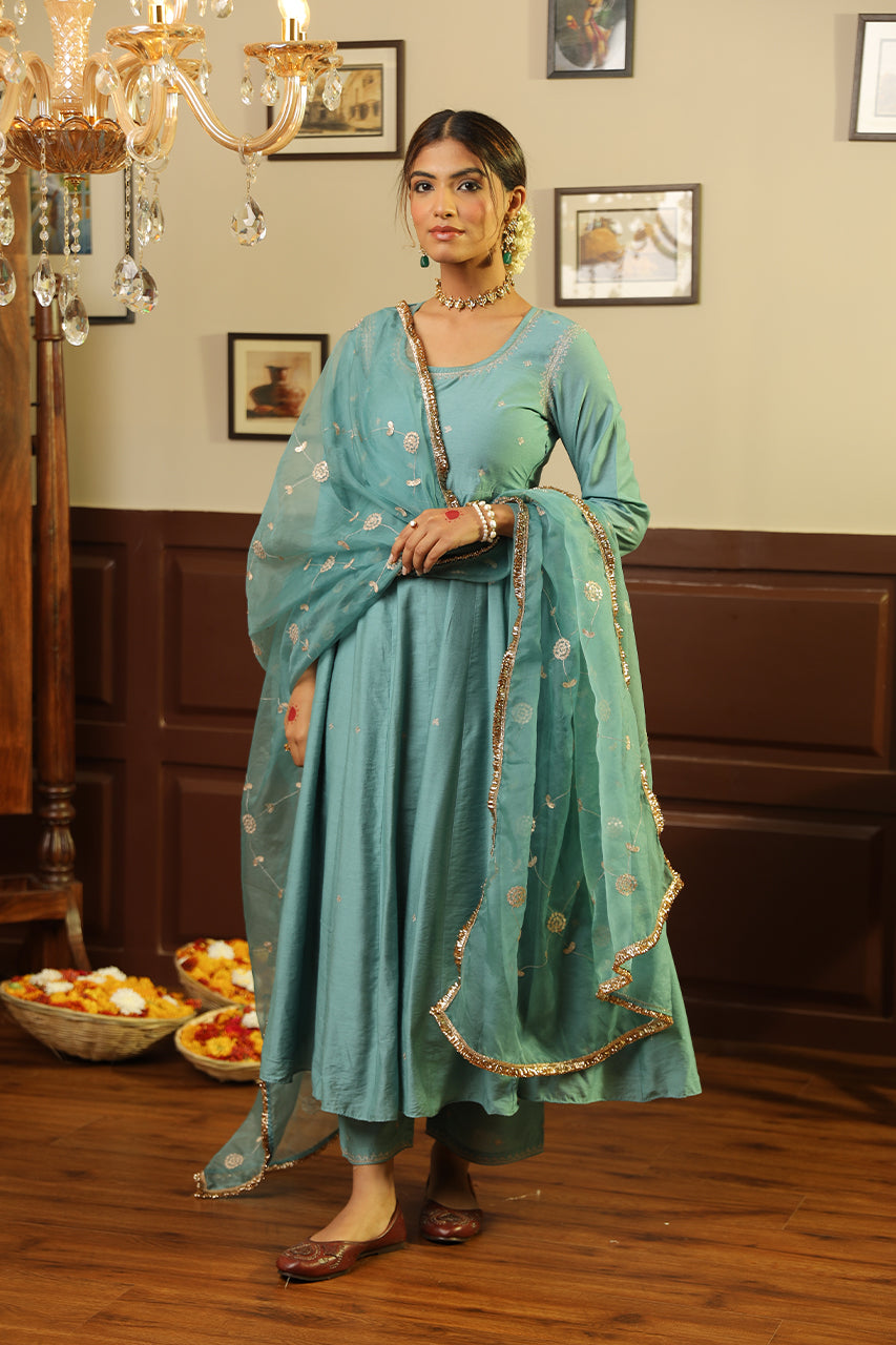 Green Chanderi Gota Jaal Dupatta Anarkai Set