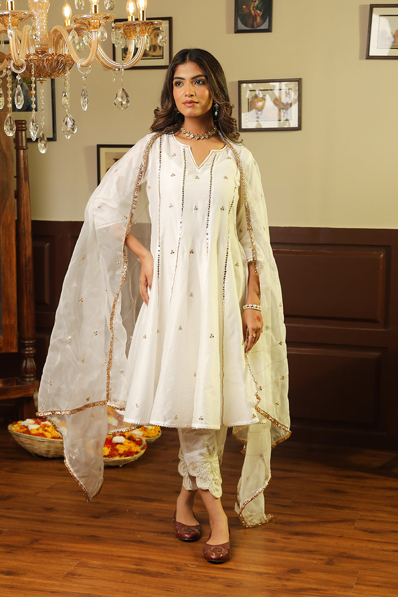 White Tara Mirror Work Chanderi Anarkali Set