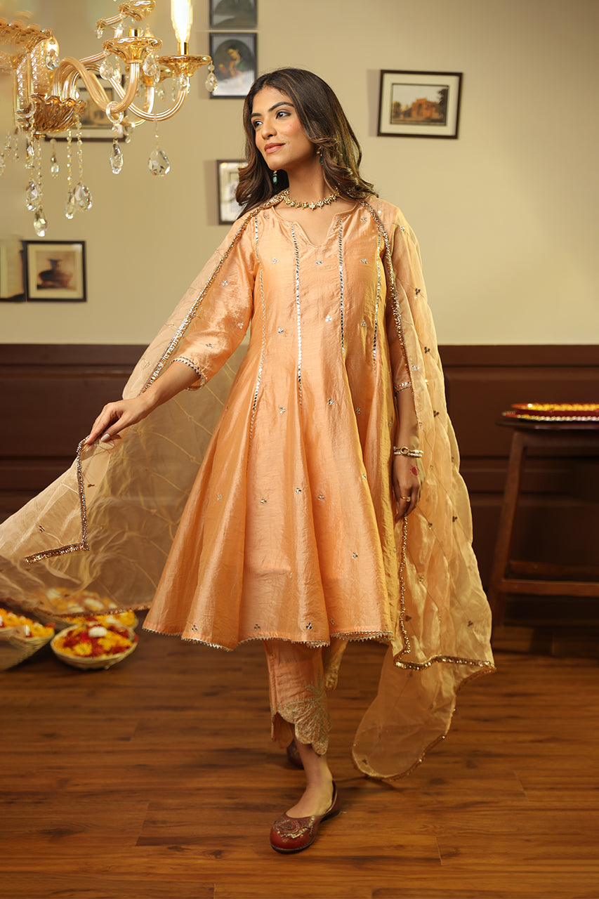 Peach Tara Mirror Work Chanderi Anarkali Set