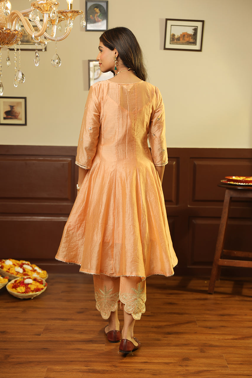 Peach Tara Mirror Work Chanderi Anarkali Set