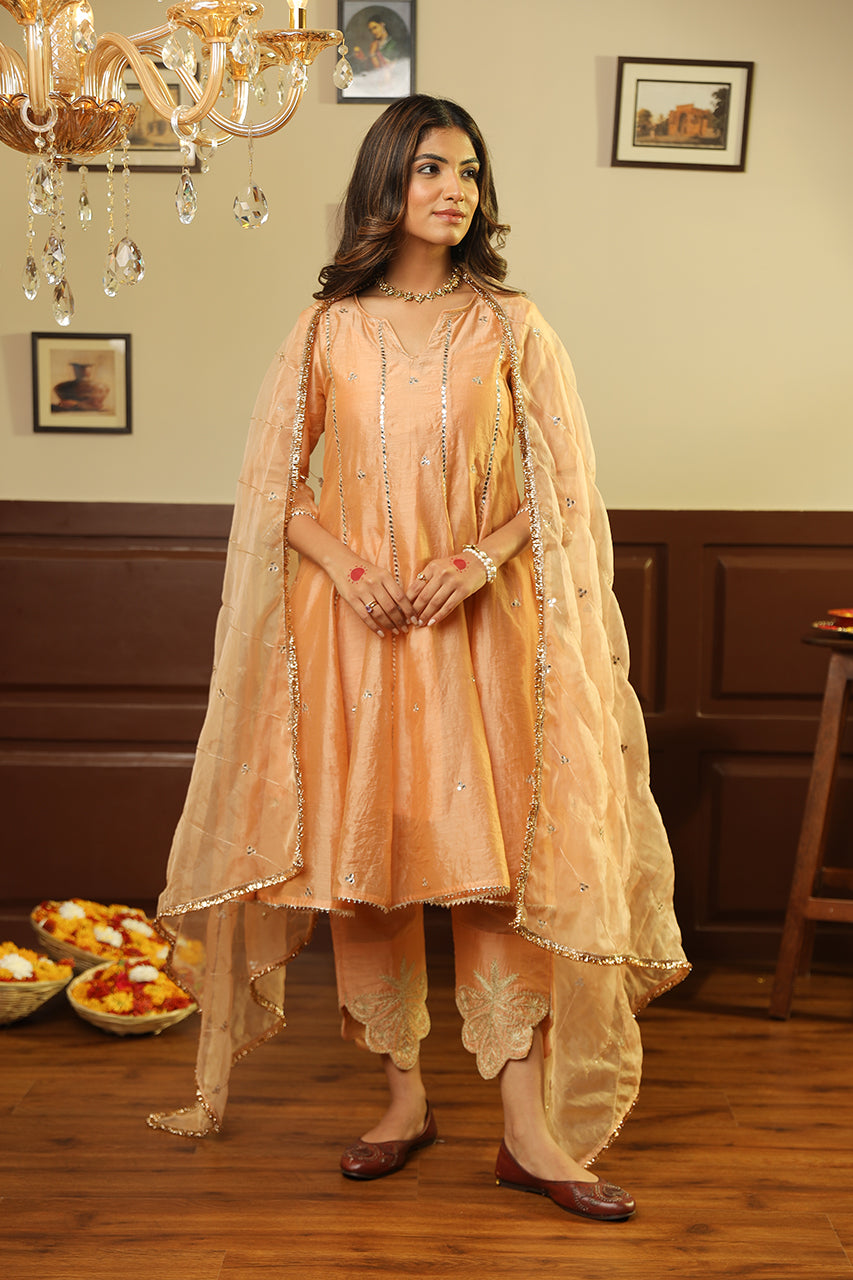 Peach Tara Mirror Work Chanderi Anarkali Set