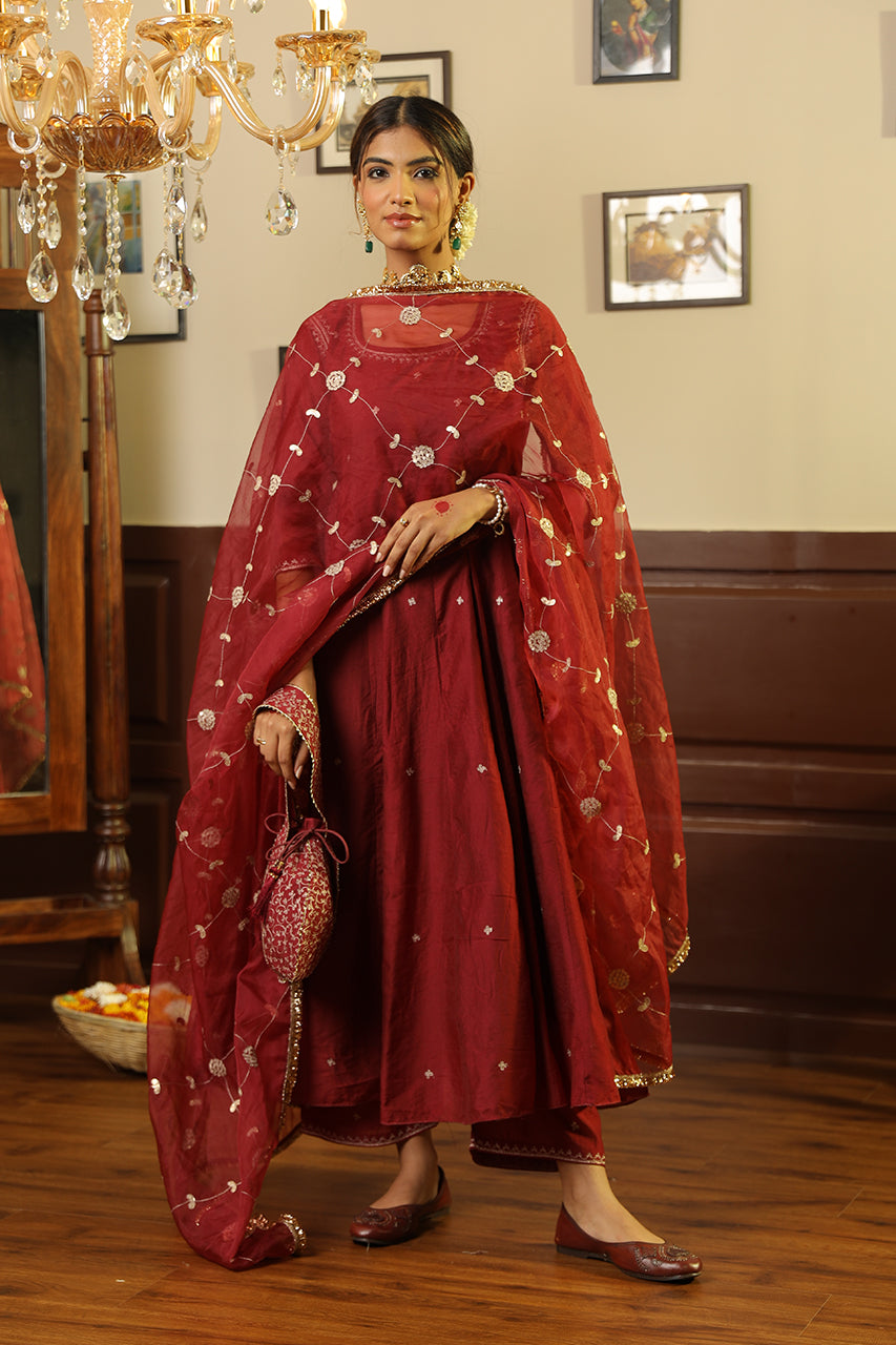 Maroon Chanderi Gota Jaal Dupatta Anarkali Set