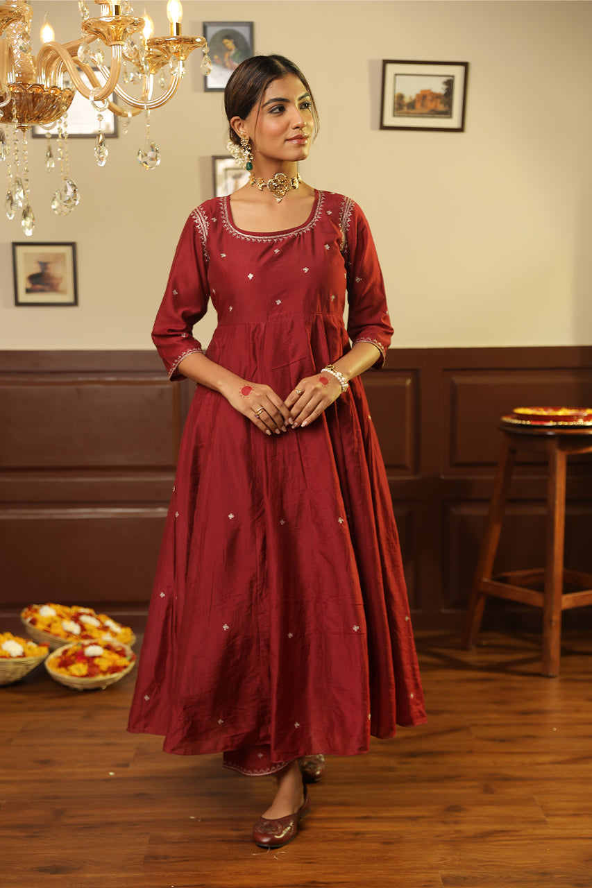 Maroon Chanderi Gota Jaal Dupatta Anarkali Set