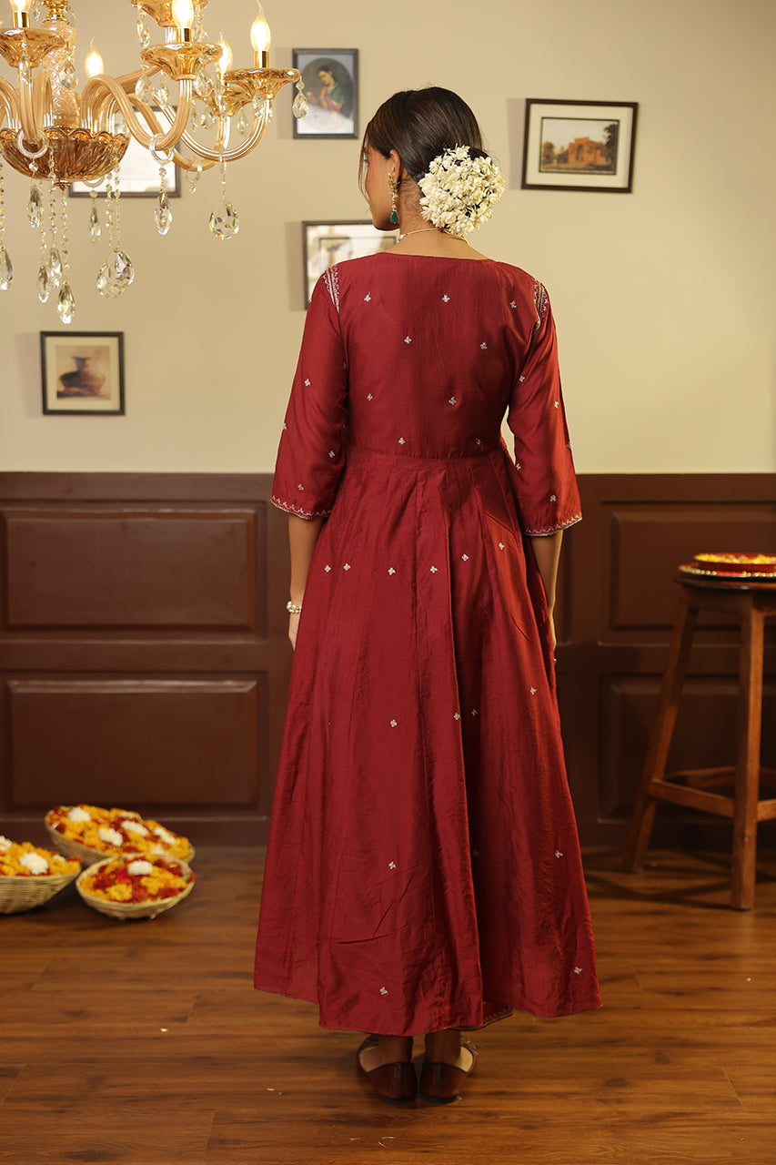 Maroon Chanderi Gota Jaal Dupatta Anarkali Set