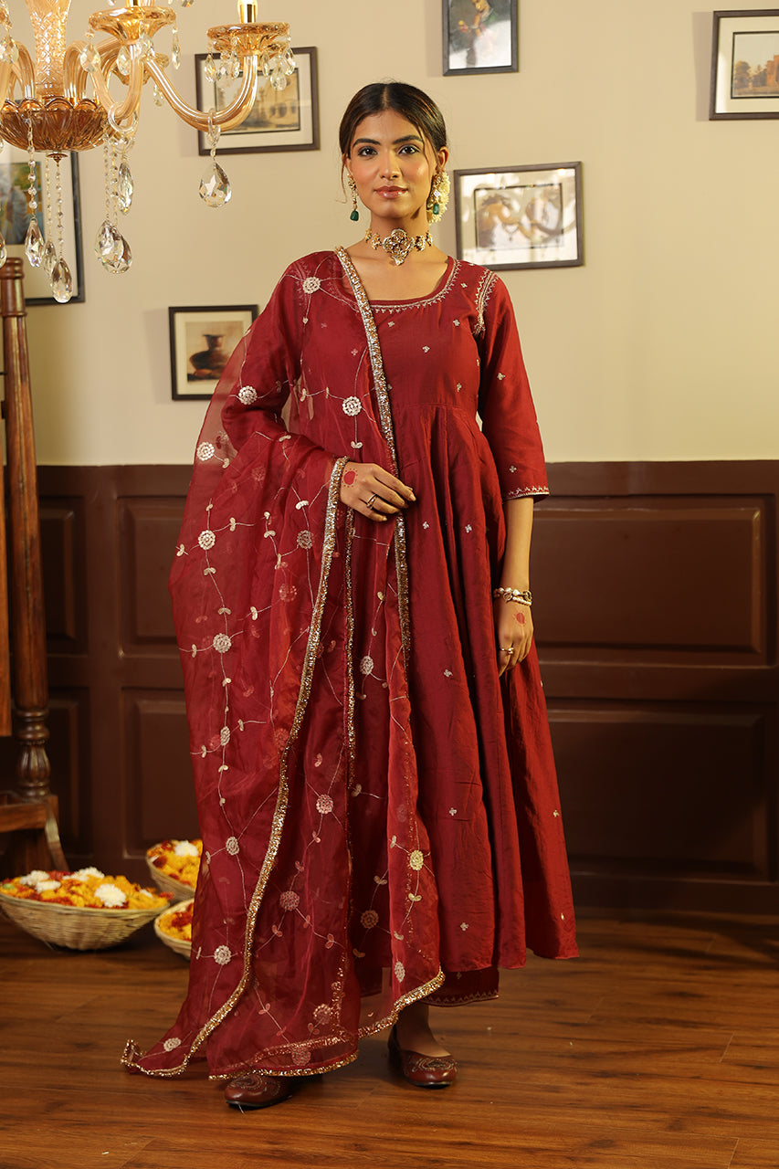 Maroon Chanderi Gota Jaal Dupatta Anarkali Set