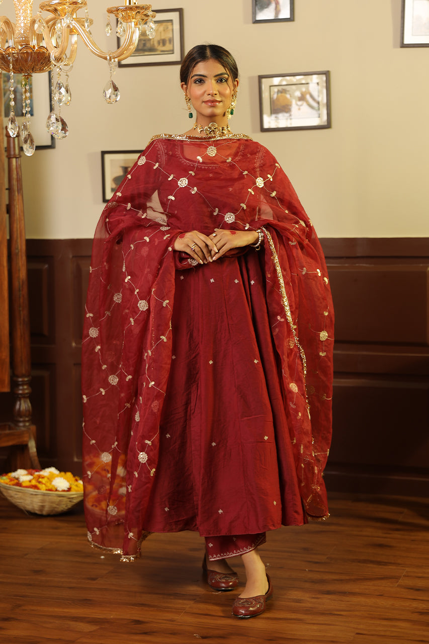 Maroon Chanderi Gota Jaal Dupatta Anarkali Set