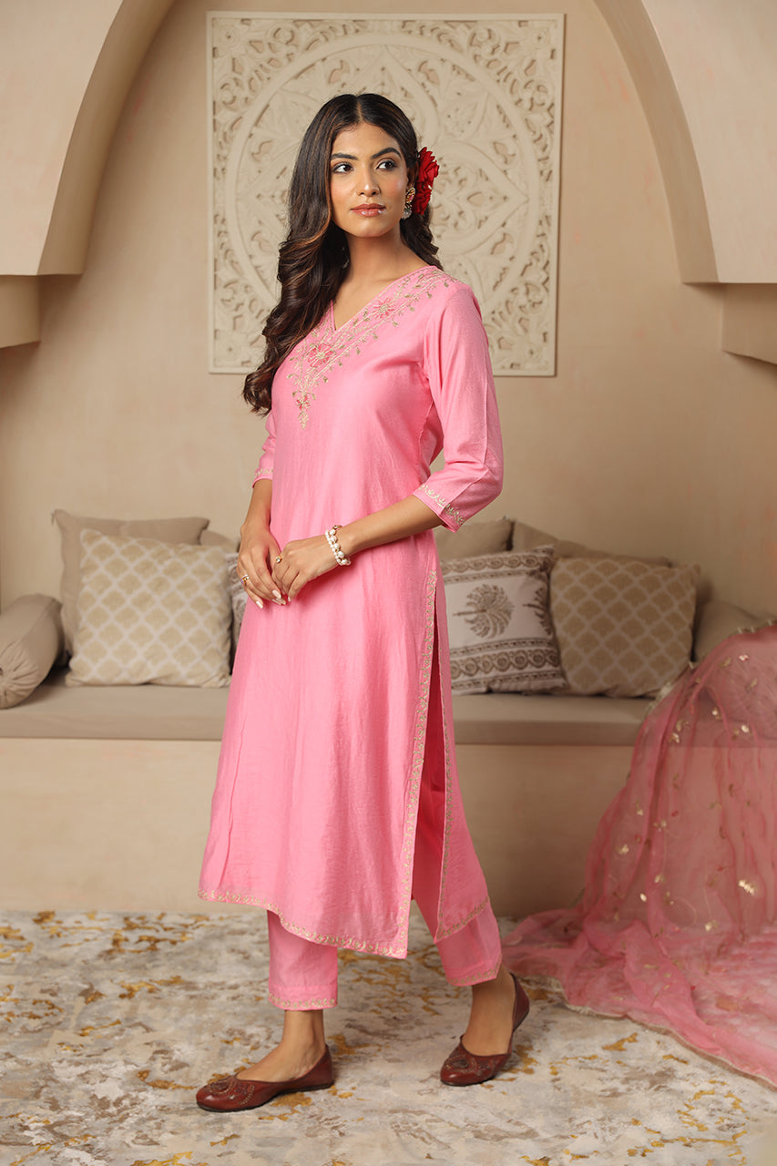 Light Pink Chanderi Gota jaal Dupatta Straight Set