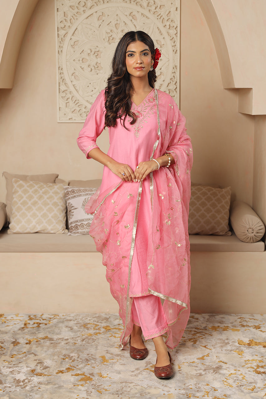 Light Pink Chanderi Gota jaal Dupatta Straight Set