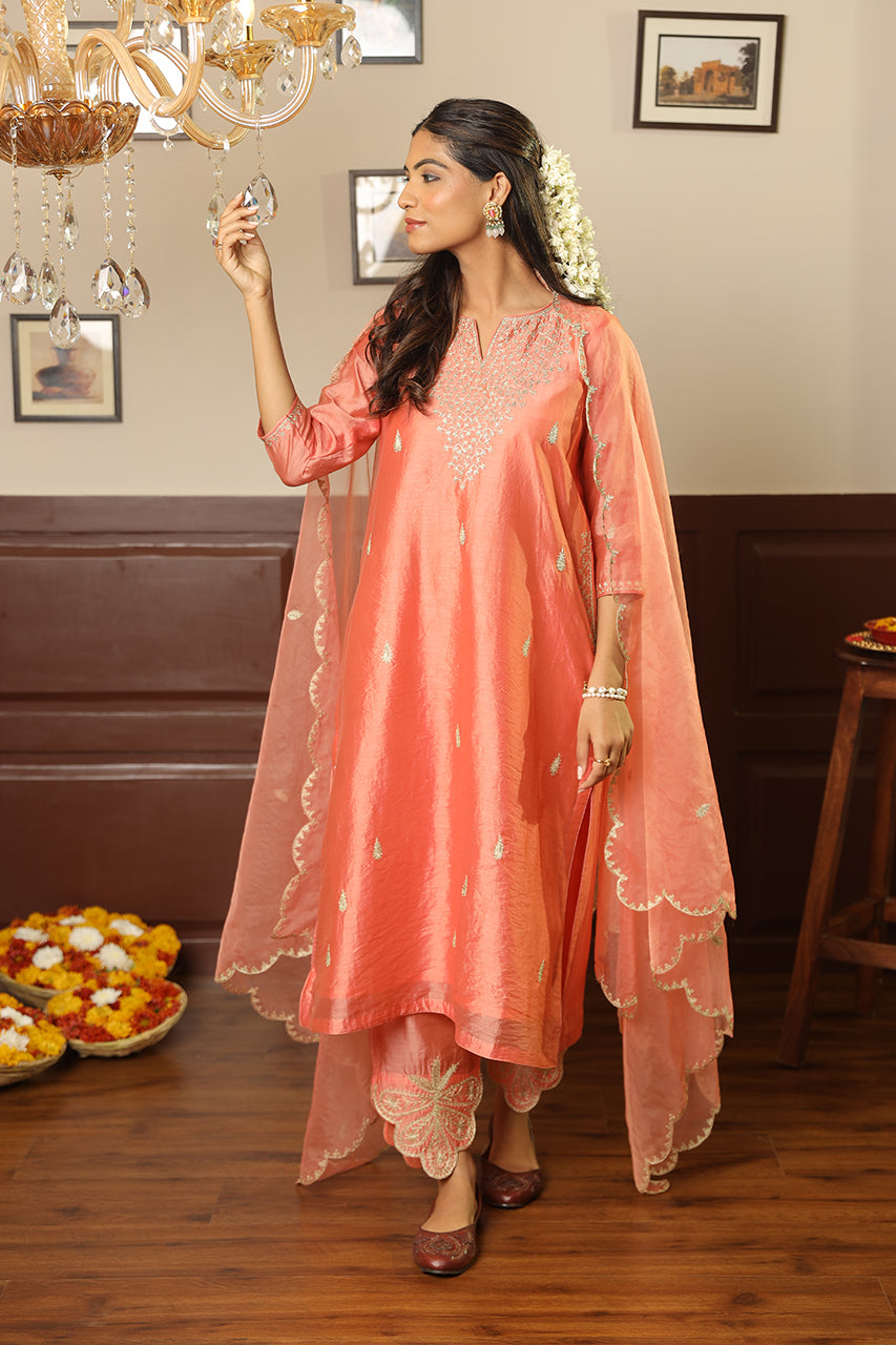 Peach Heavy Neck Zari Work Chanderi Straight Set