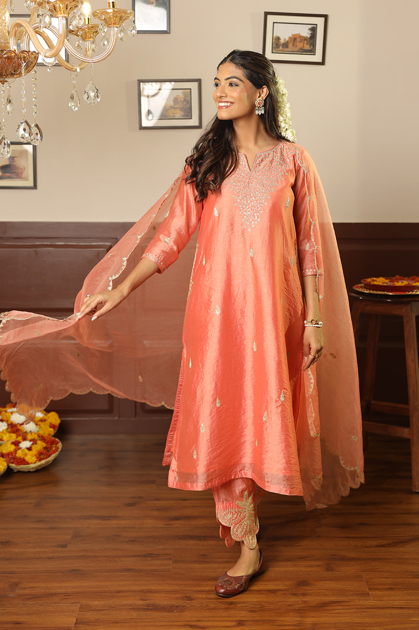 Peach Heavy Neck Zari Work Chanderi Straight Set