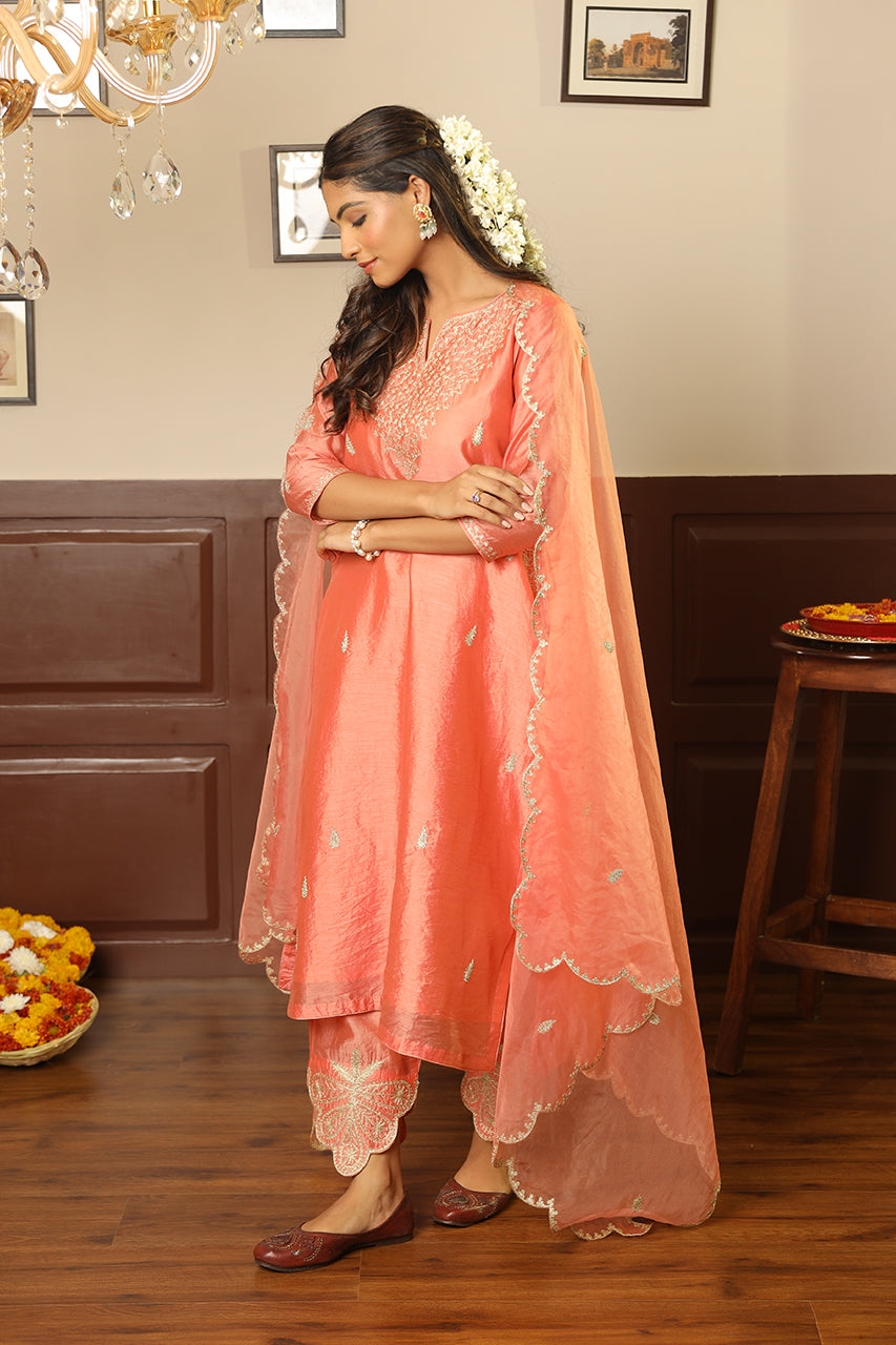 Peach Heavy Neck Zari Work Chanderi Straight Set