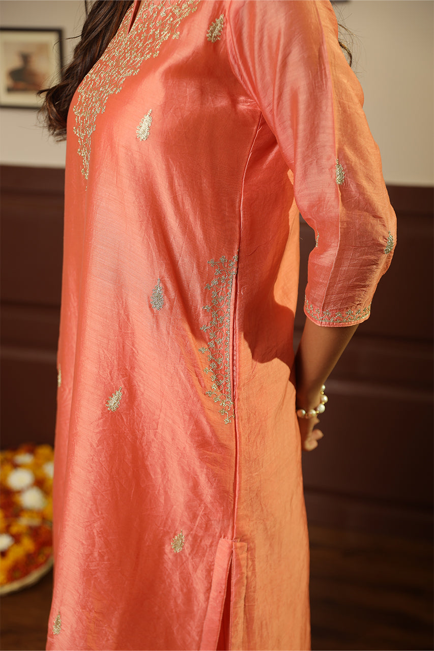 Peach Heavy Neck Zari Work Chanderi Straight Set