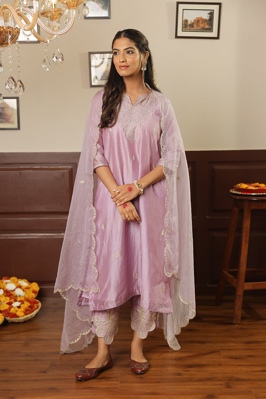 Purple Chanderi Heavy Neck Straight Set