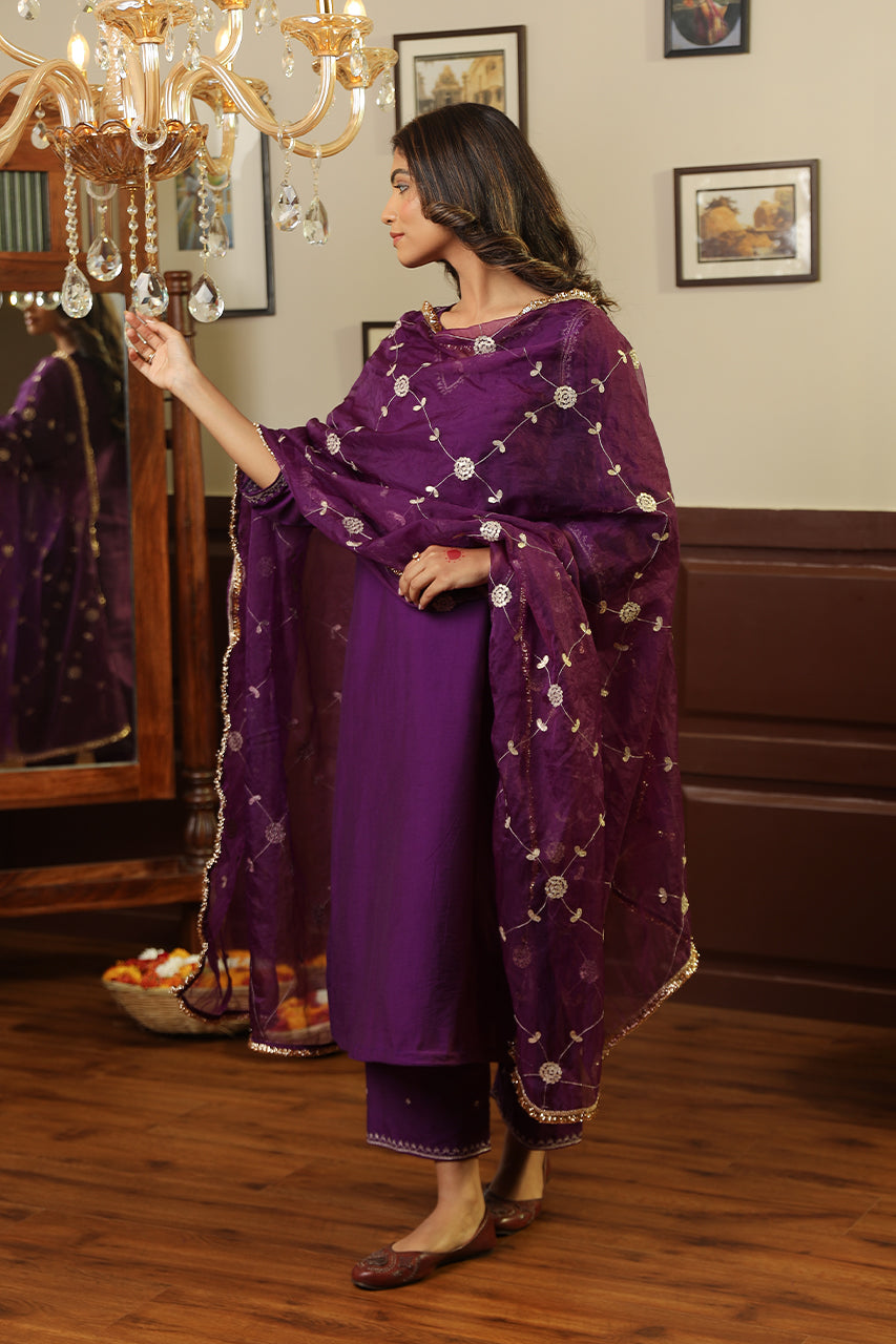 Purple Chanderi Heavy Gota Jaal Straight Set