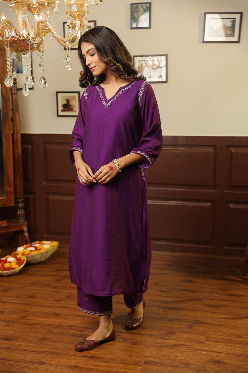 Purple Chanderi Heavy Gota Jaal Straight Set