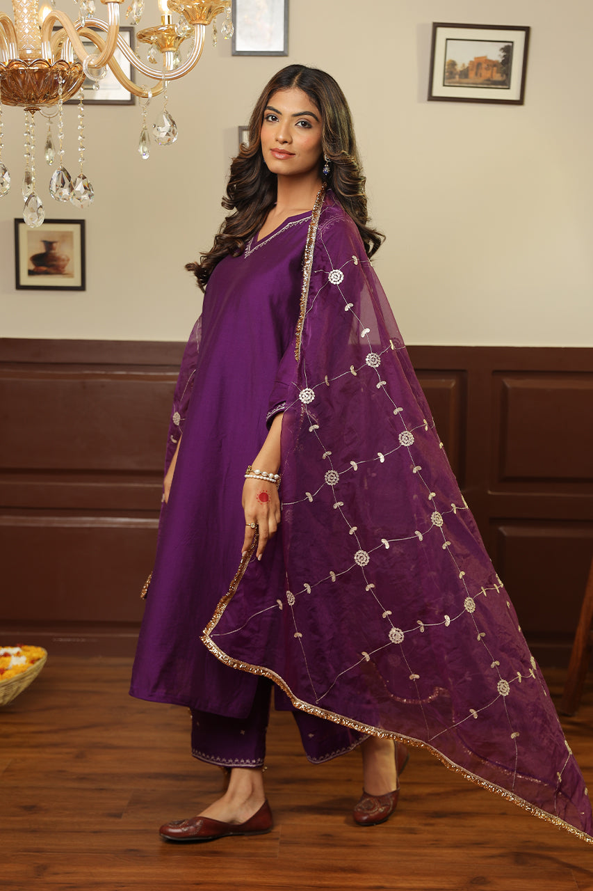 Purple Chanderi Heavy Gota Jaal Straight Set