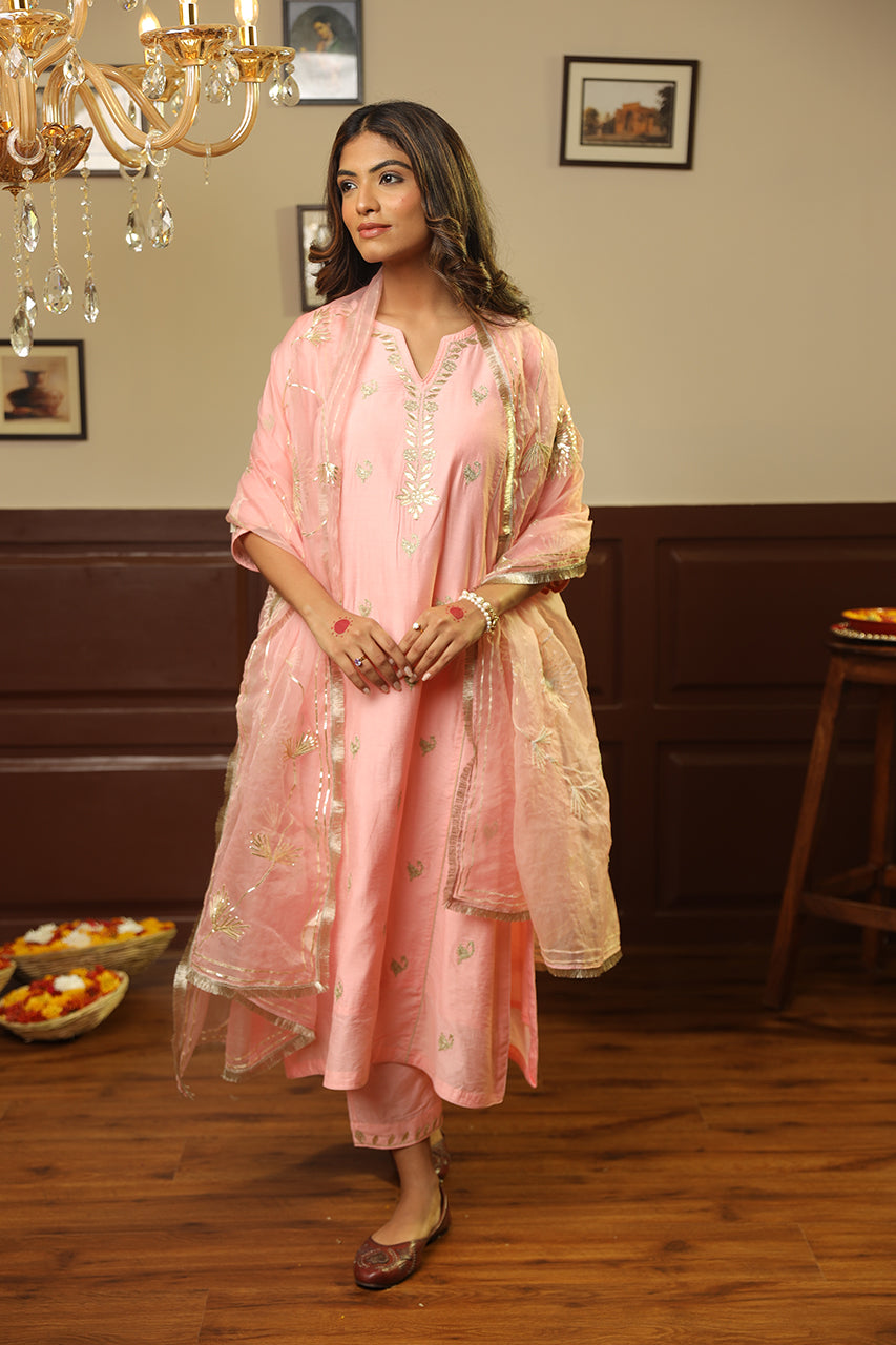 Light Pink Chanderi Mayur Gota Jaal Dupatta Straight Set