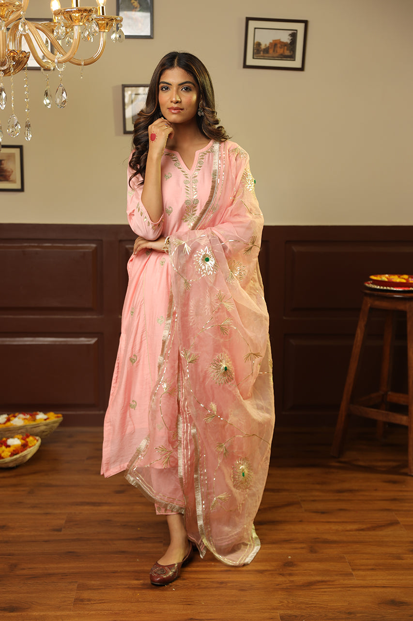 Light Pink Chanderi Mayur Gota Jaal Dupatta Straight Set