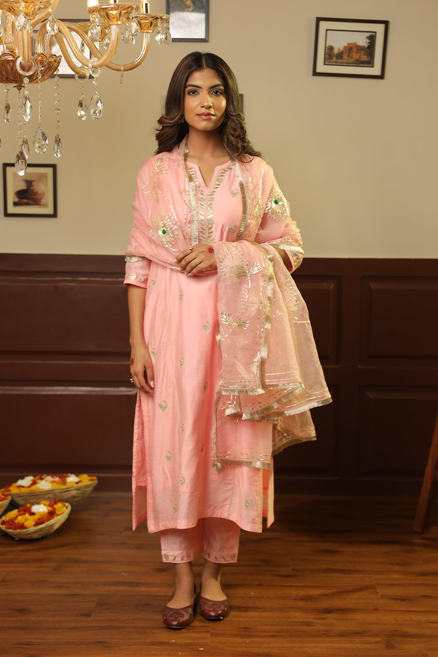 Light Pink Chanderi Mayur Gota Jaal Dupatta Straight Set