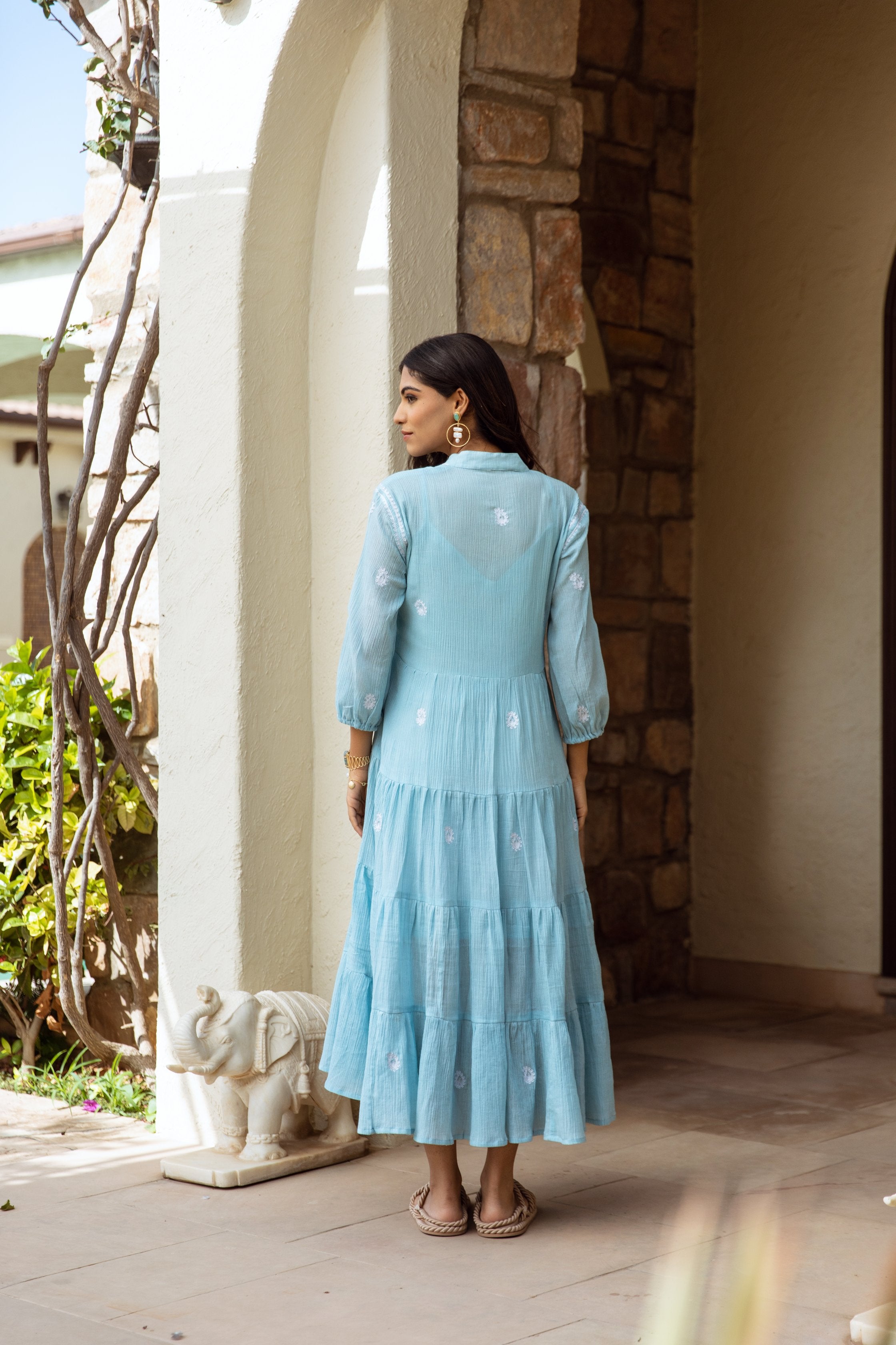 Blue cotton gauze embroidered dress Asrumo