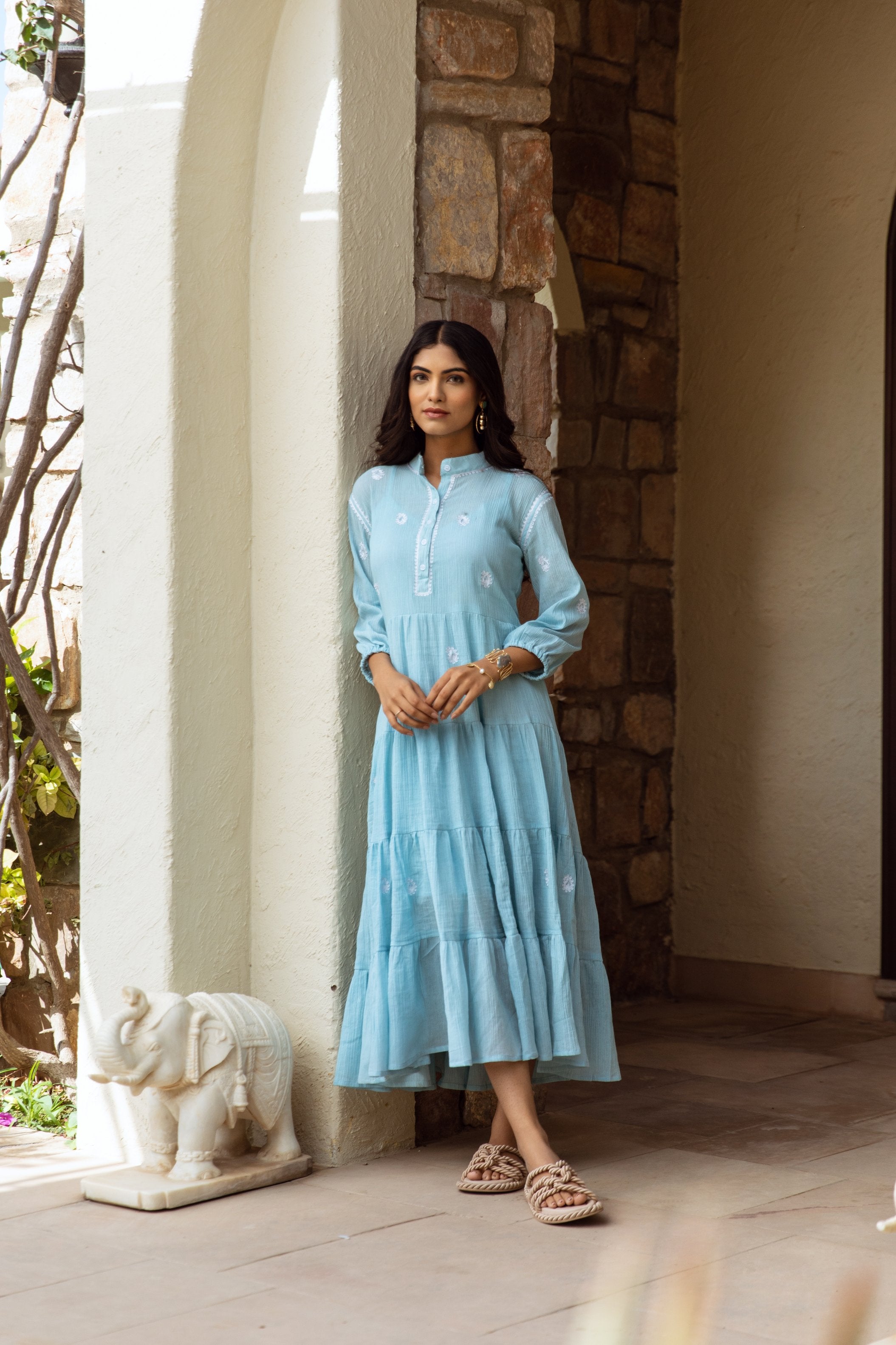 Blue cotton gauze embroidered dress Asrumo