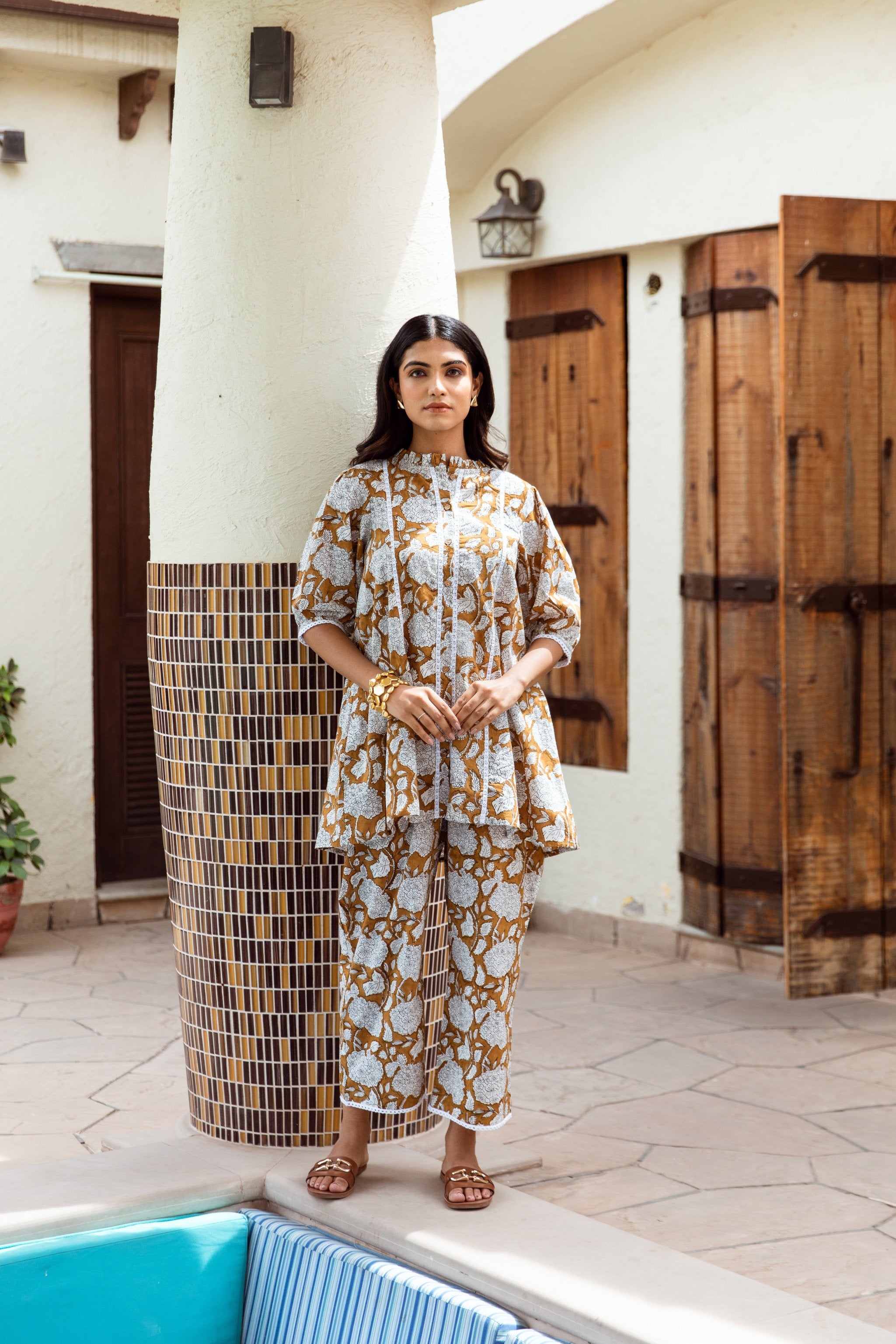 mustard yellow Handblock Jaal Coord Set Asrumo