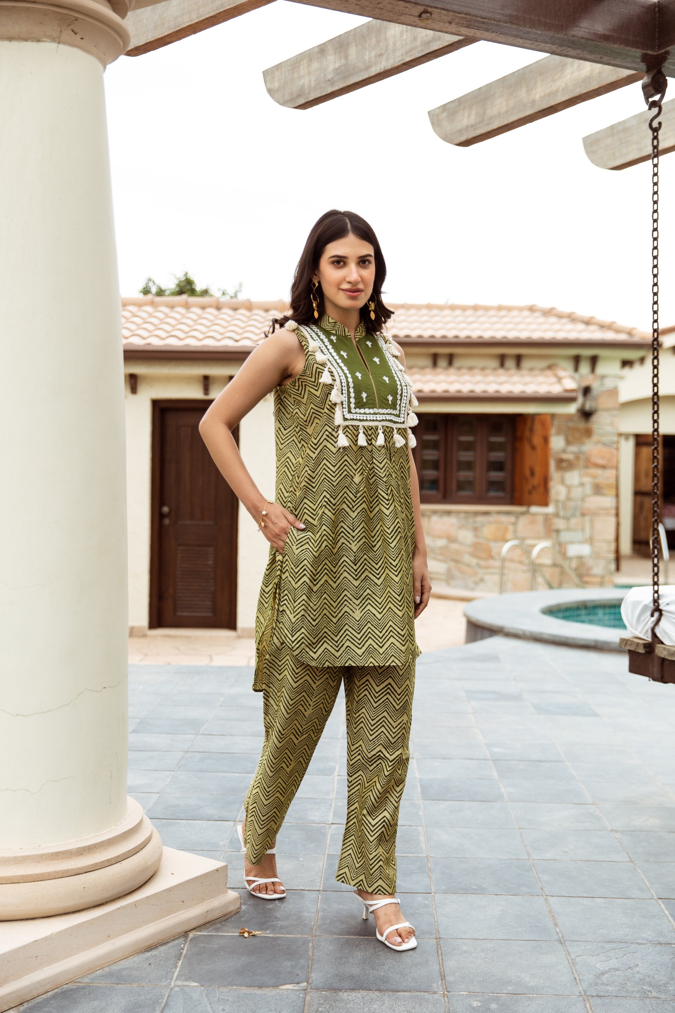 Green Zigzag Handblock Print Chanderi Coord Set Asrumo