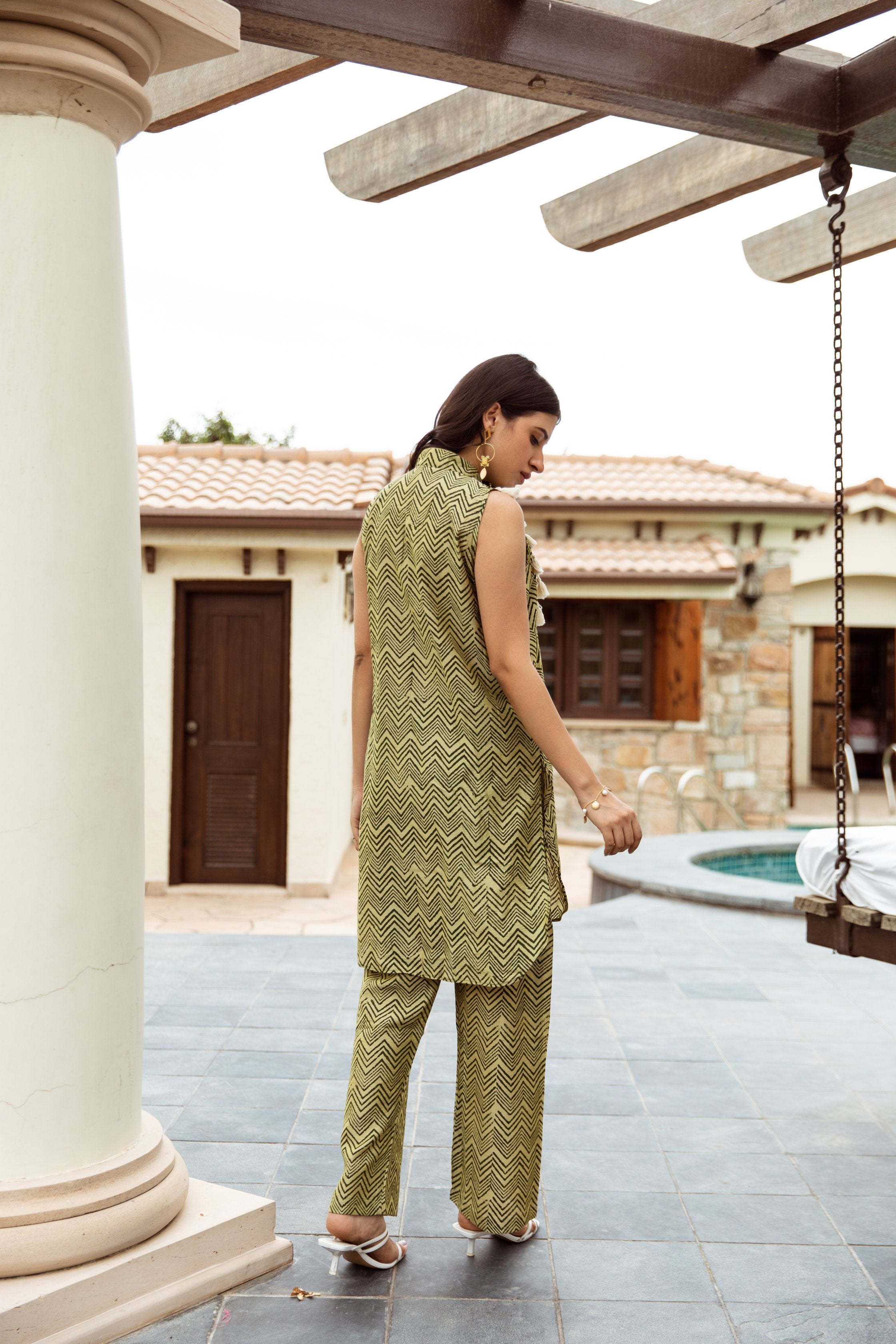 Green Zigzag Handblock Print Chanderi Coord Set Asrumo