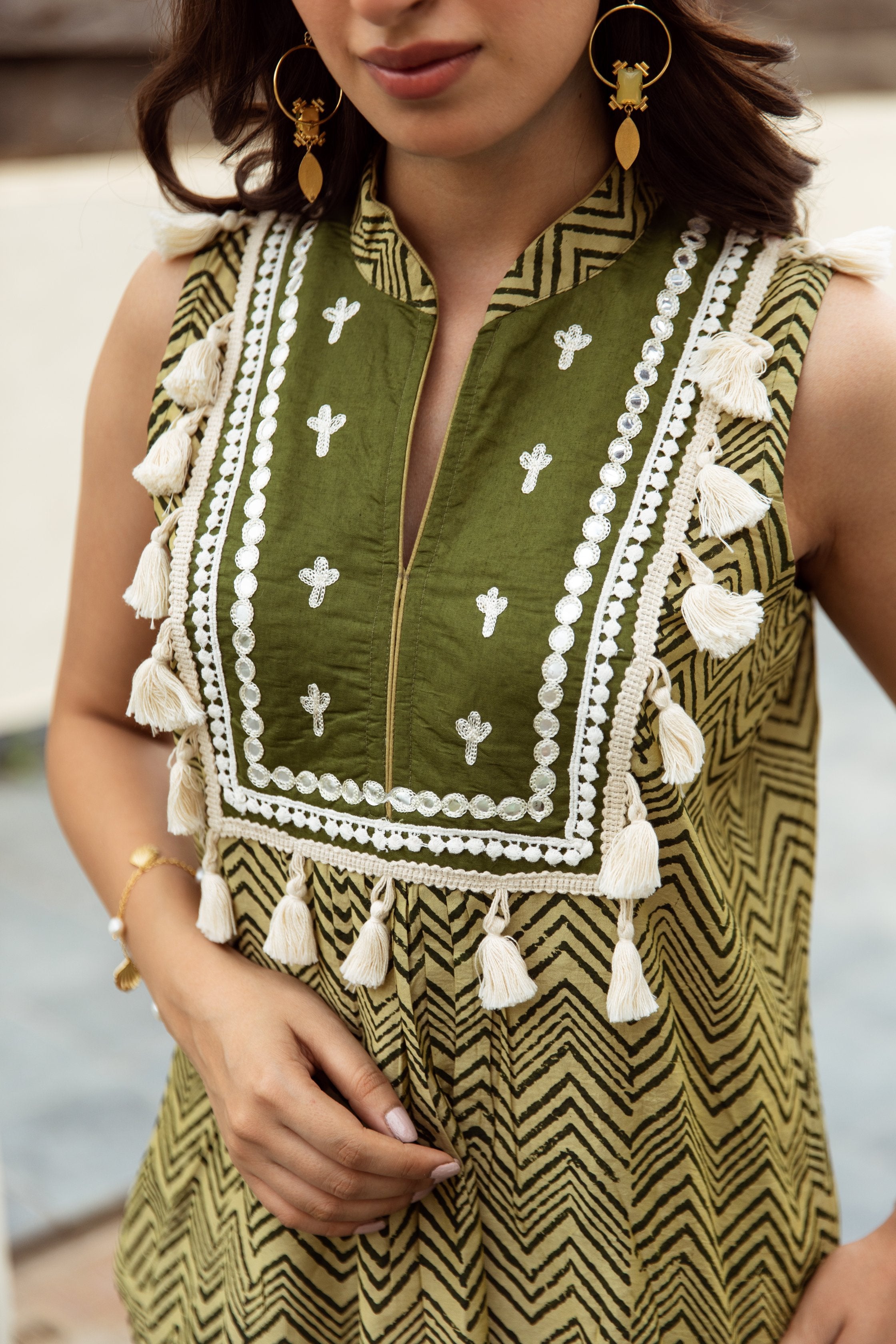 Green Zigzag Handblock Print Chanderi Coord Set Asrumo