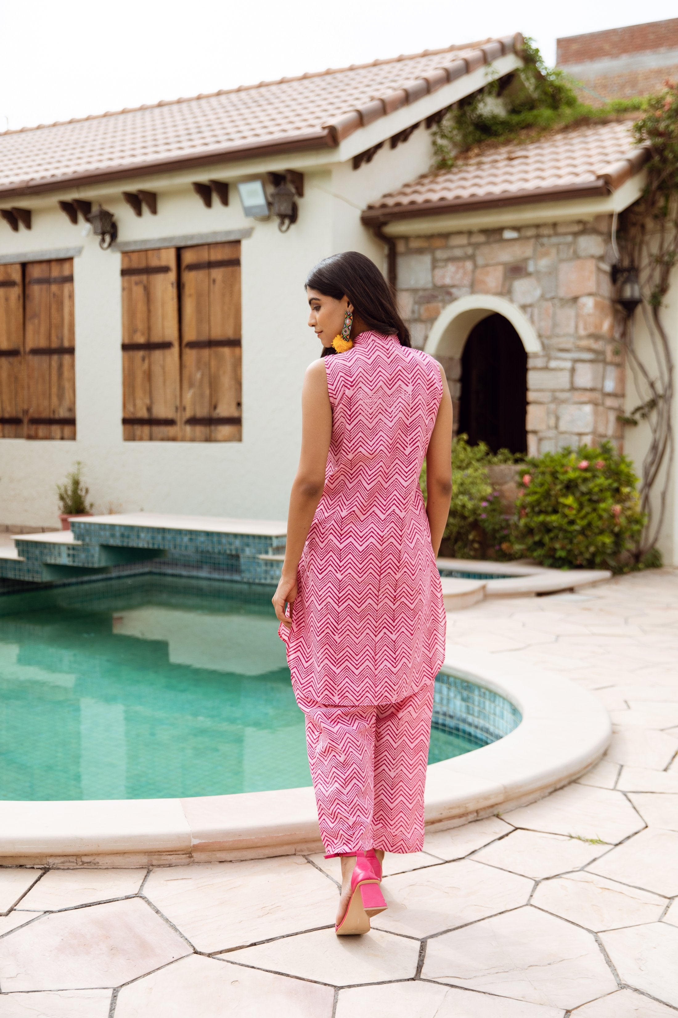 Pink Zigzag Handblock Print Chanderi Coord Set Asrumo