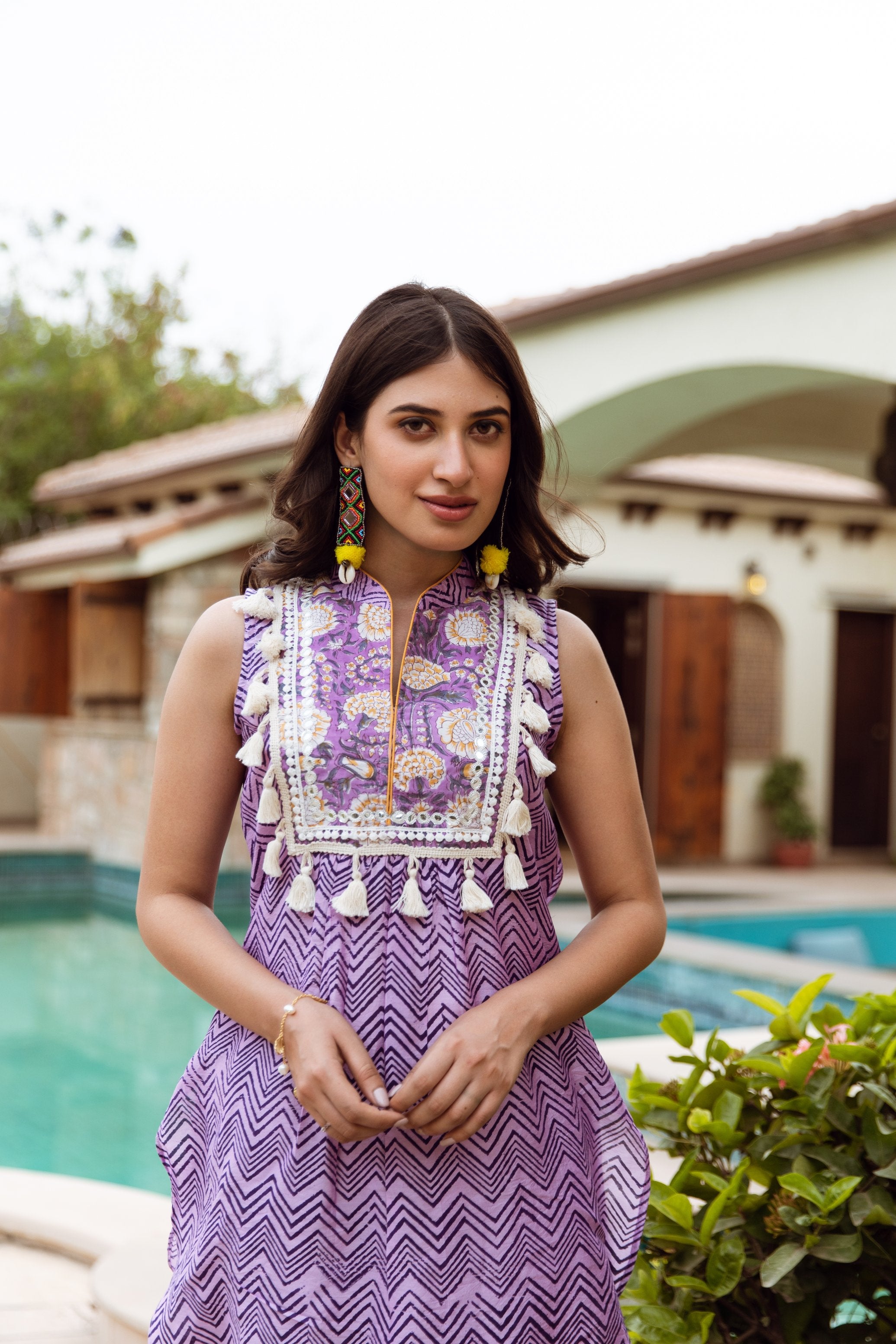 Purple Zigzag Handblock Print Chanderi Coord Set Asrumo