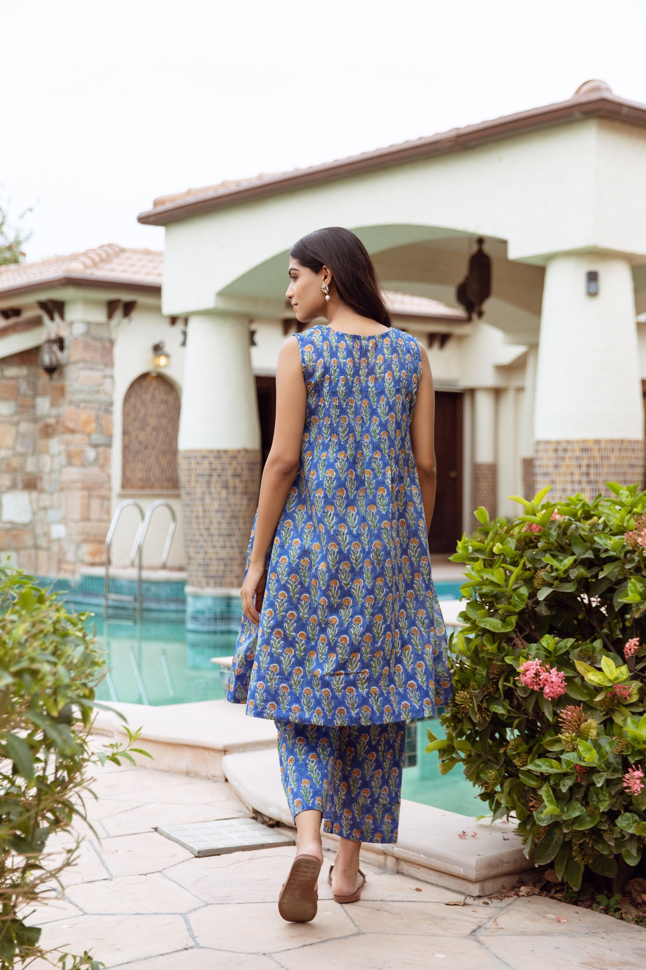 blue Handblock Chanderi A-line kurta style coord set Asrumo