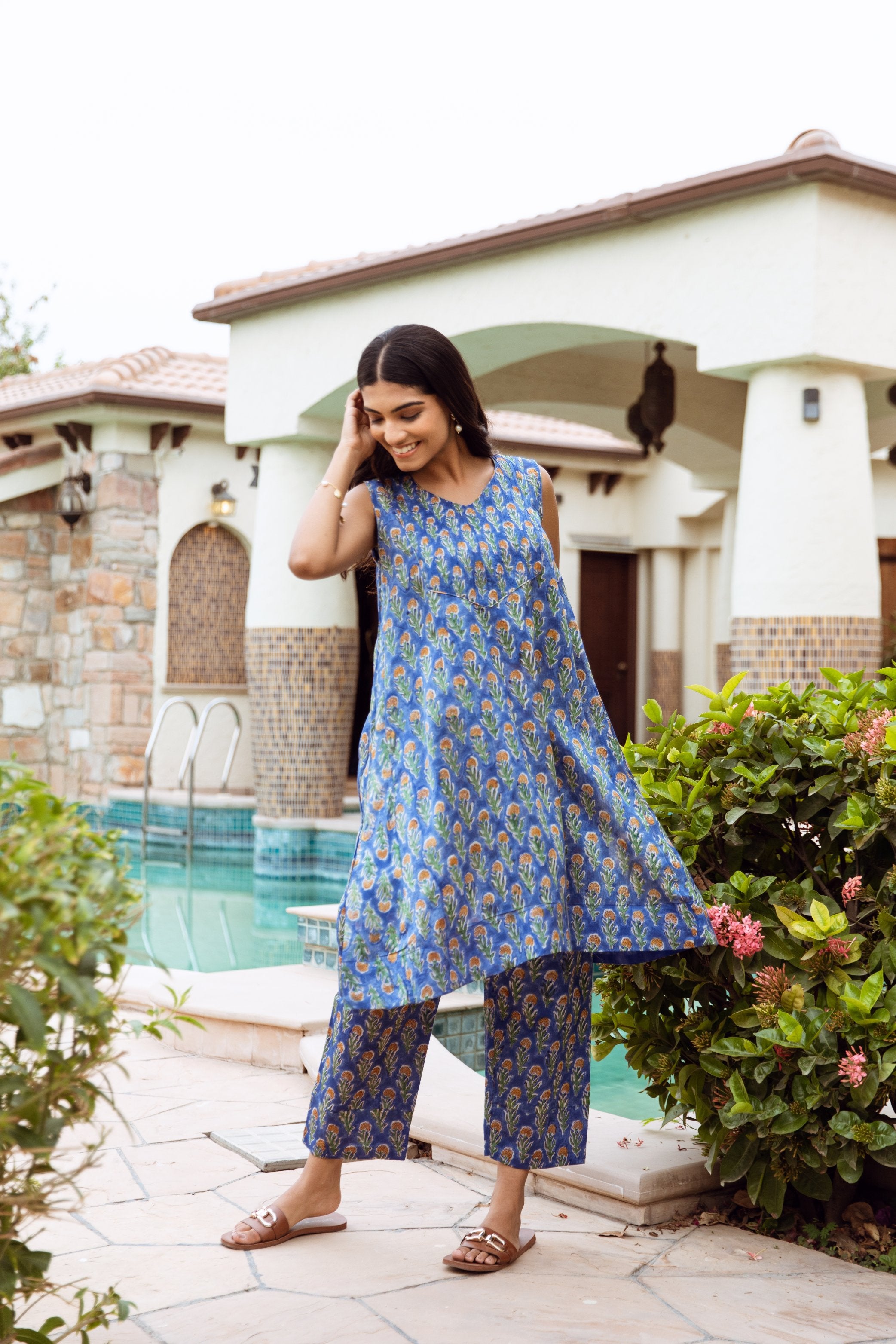 blue Handblock Chanderi A-line kurta style coord set Asrumo